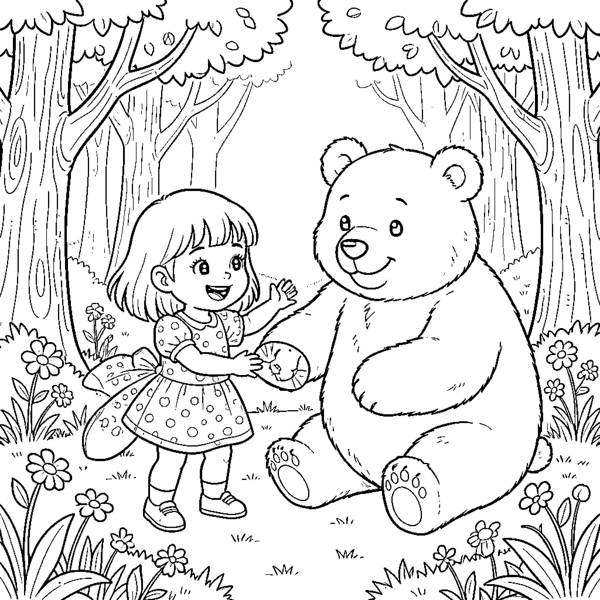 Marsha and Bear Explore the Enchanted Forest Coloring Page (free black-and-white line drawing printable PDF for all, from beginners to advanced learners, including children, teens, adults, and seniors)
