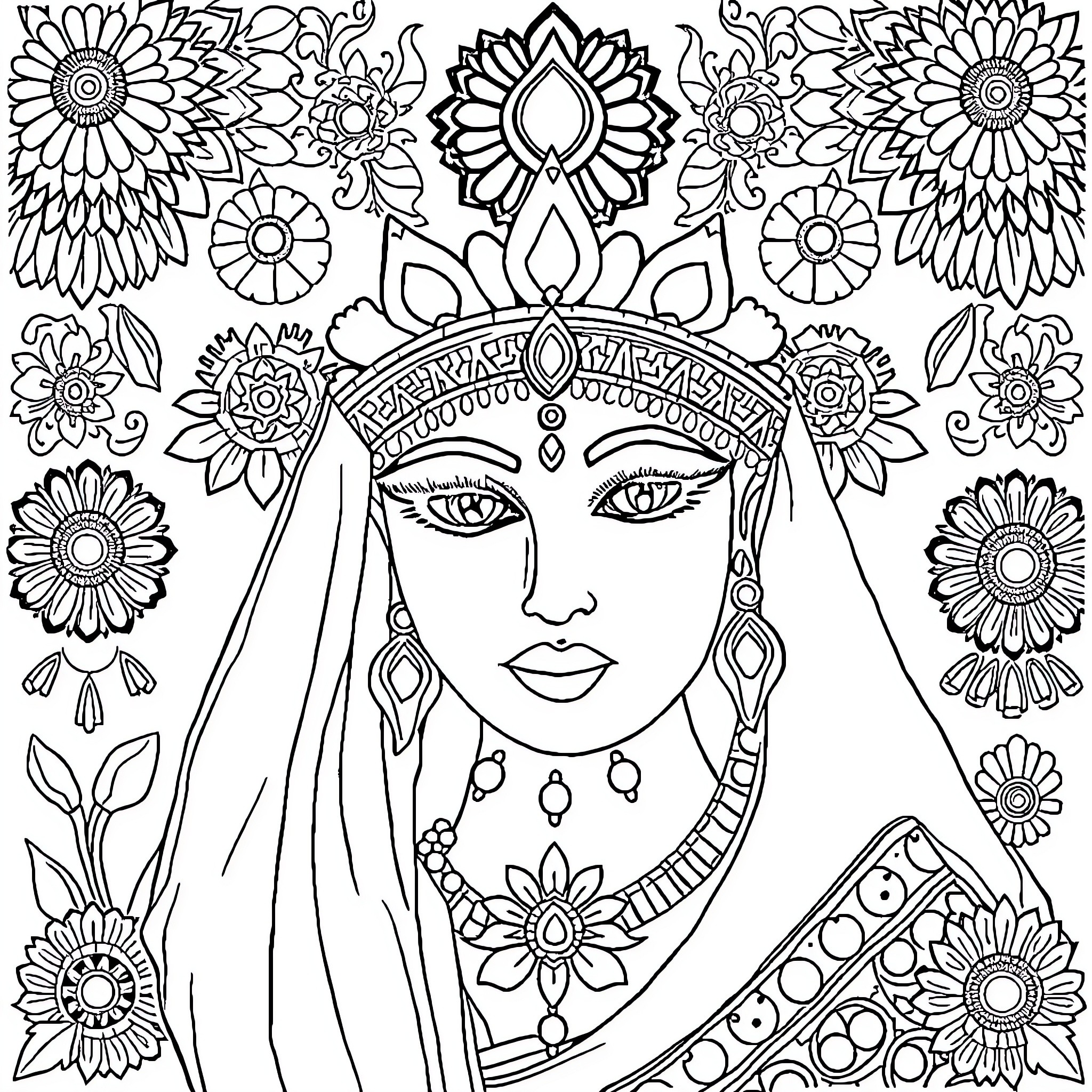 Indian Goddess in Floral Splendor Coloring Page (free black-and-white line drawing printable PDF for all, from beginners to advanced learners, including children, teens, adults, and seniors)