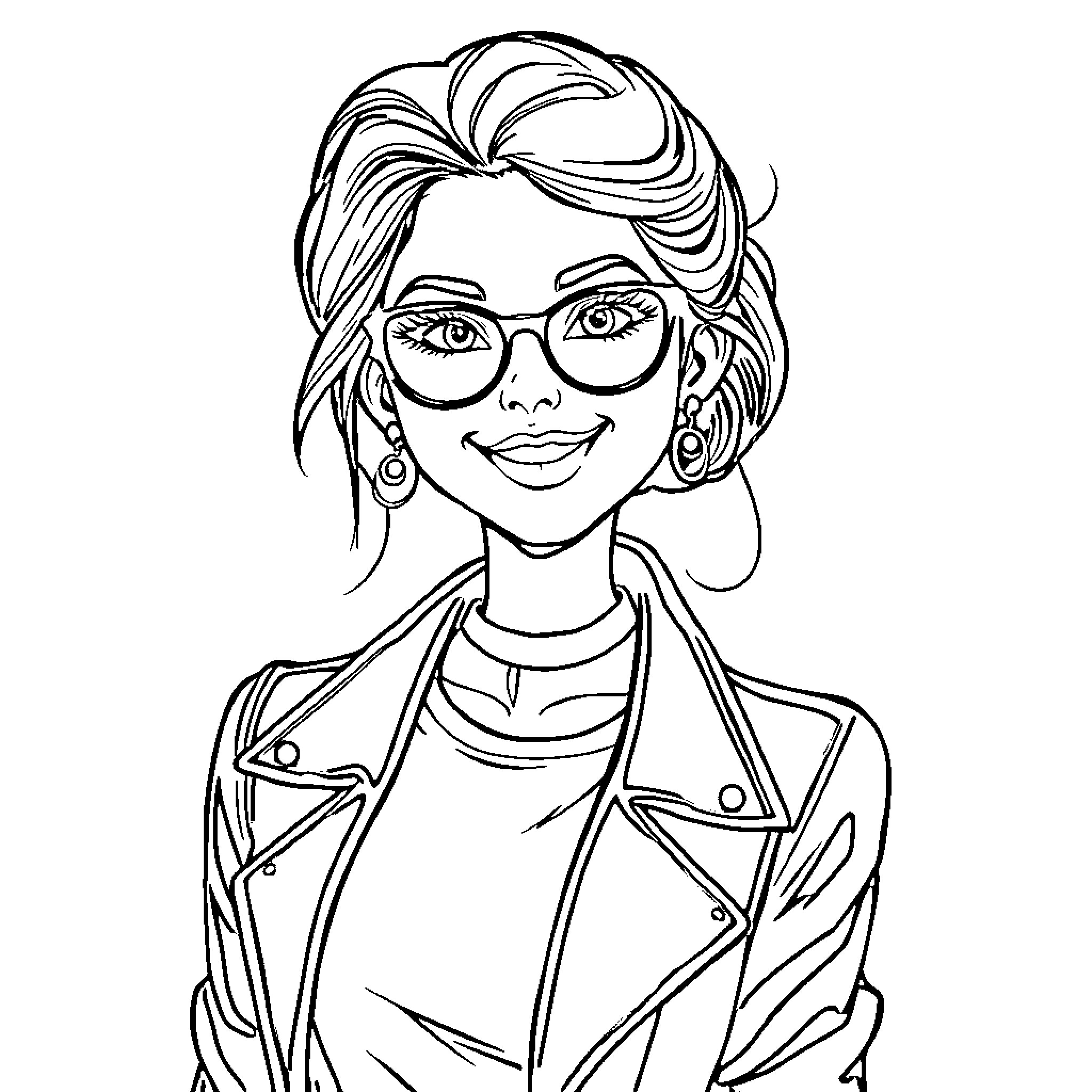 Girl in Stylish Glasses and Jacket Coloring Page (free black-and-white line drawing printable PDF for all, from beginners to advanced learners, including children, teens, adults, and seniors)