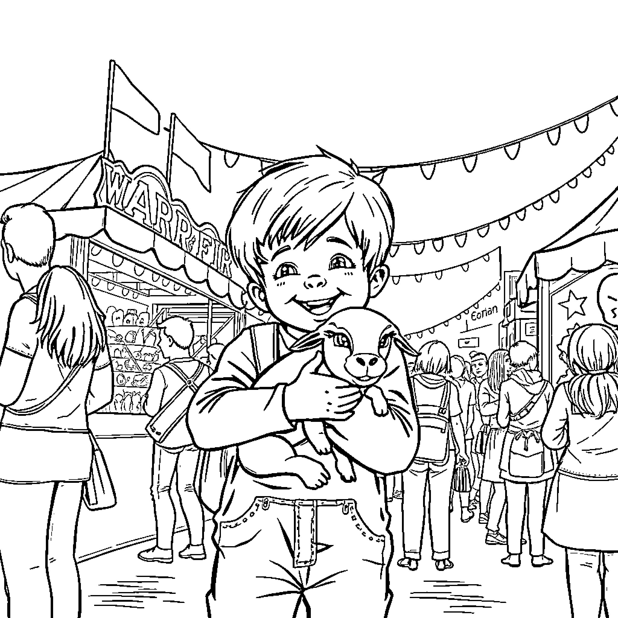 Child enjoying carnival with toy at festival Coloring Page (free black-and-white line drawing printable PDF for all, from beginners to advanced learners, including children, teens, adults, and seniors)