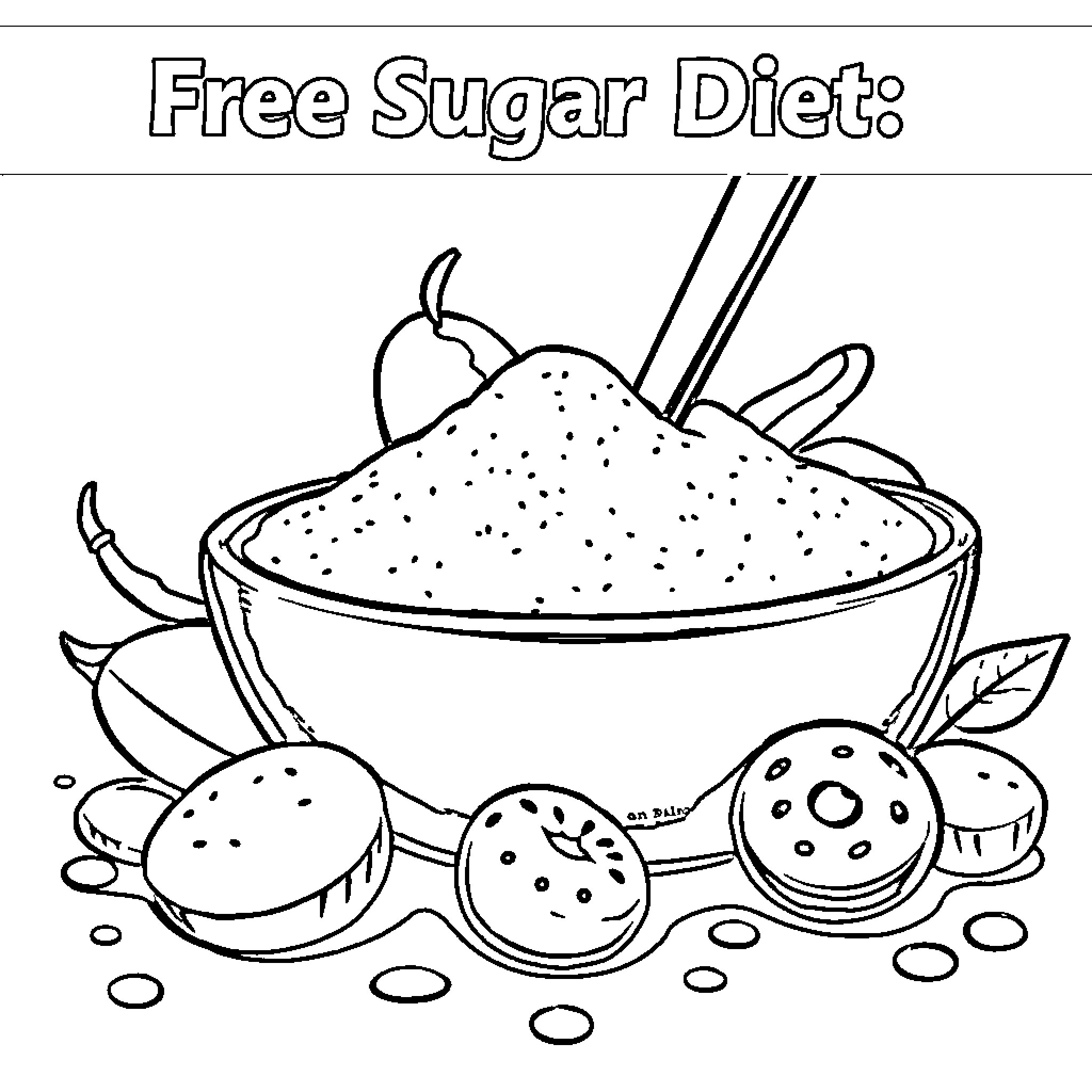 Sugar-free treats in a coloring page Coloring Page (free black-and-white line drawing printable PDF for all, from beginners to advanced learners, including children, teens, adults, and seniors)