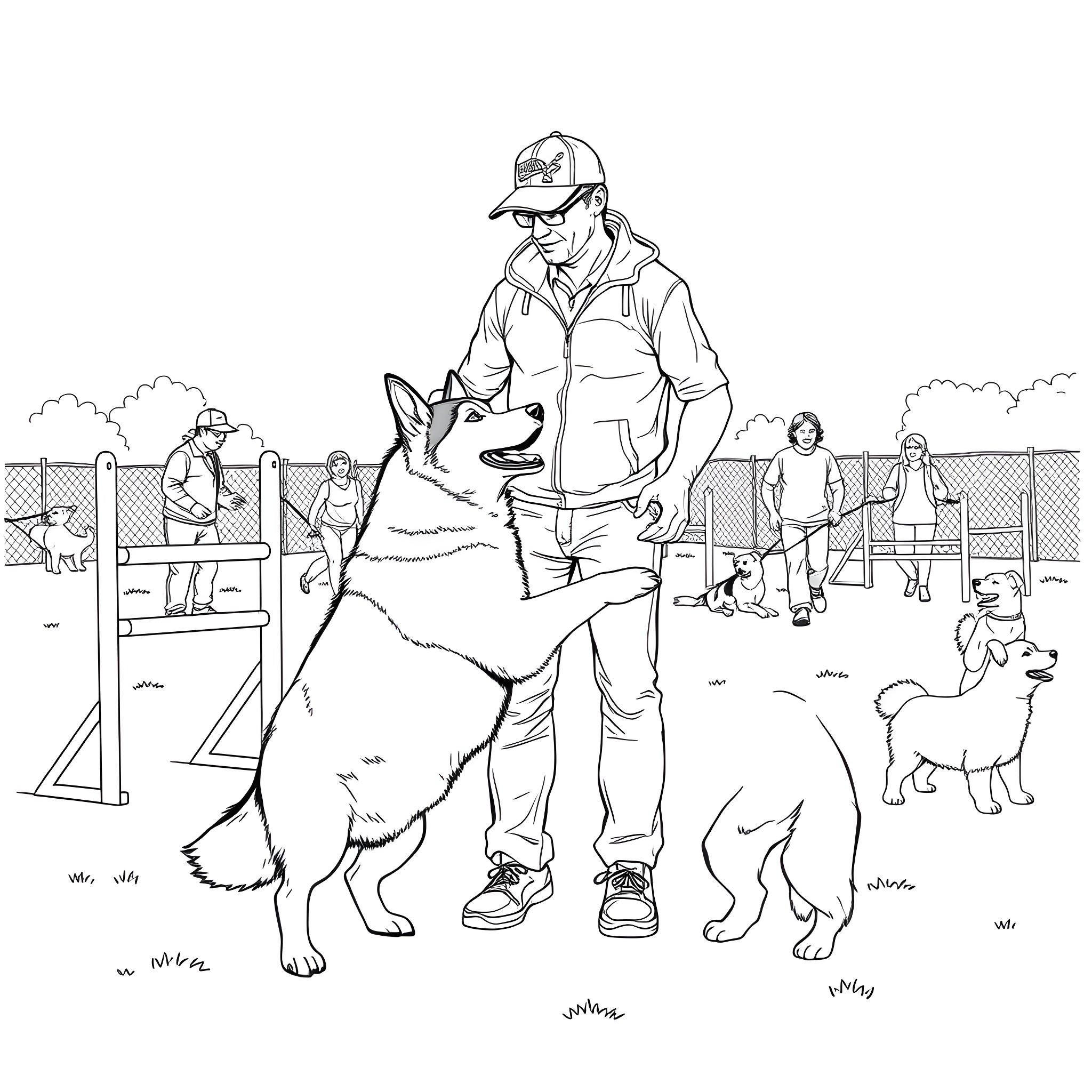 Dog walker leading group of dogs in park Coloring Page (free black-and-white line drawing printable PDF for all, from beginners to advanced learners, including children, teens, adults, and seniors)