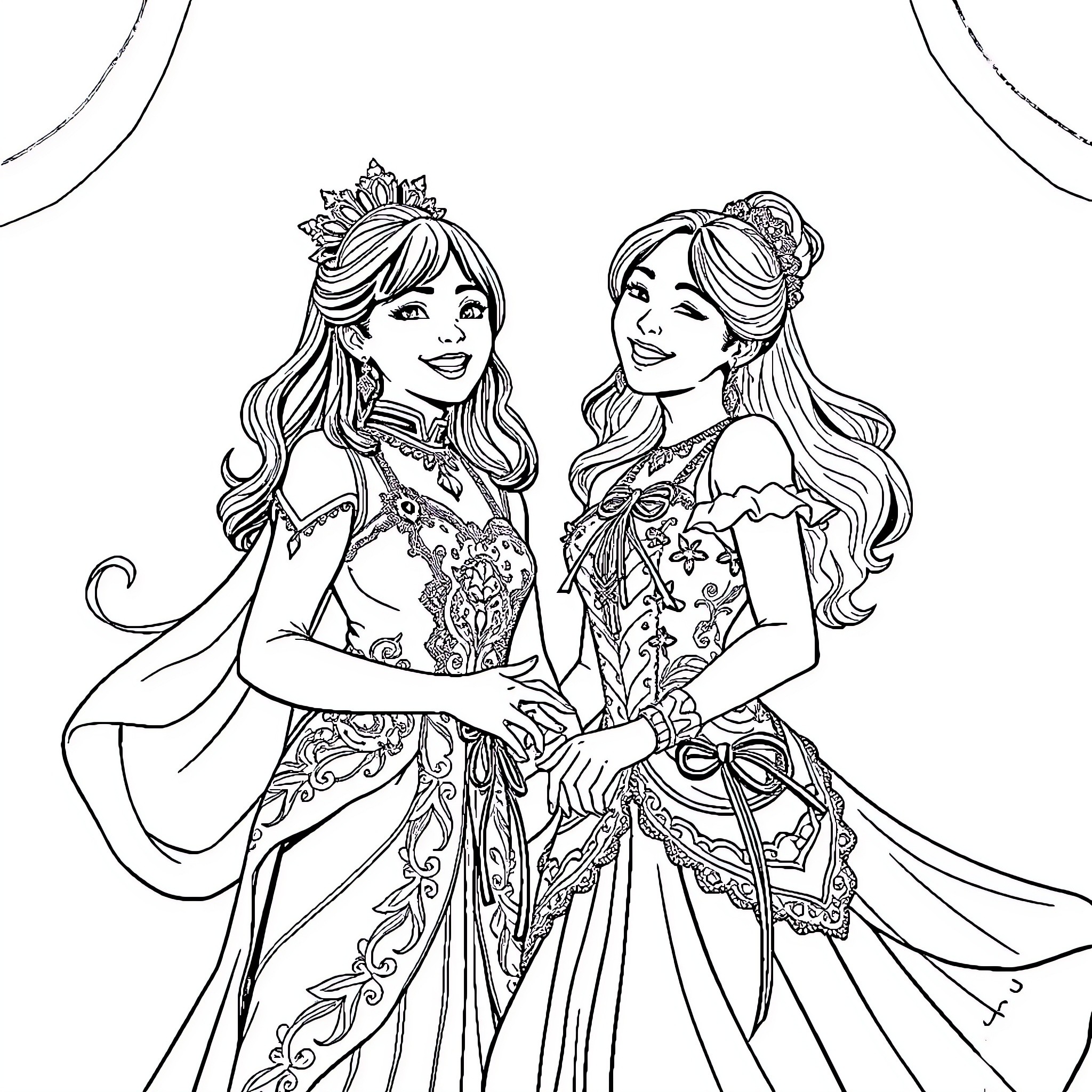Chaewon and friend's elegant princess attire Coloring Page (free black-and-white line drawing printable PDF for all, from beginners to advanced learners, including children, teens, adults, and seniors)