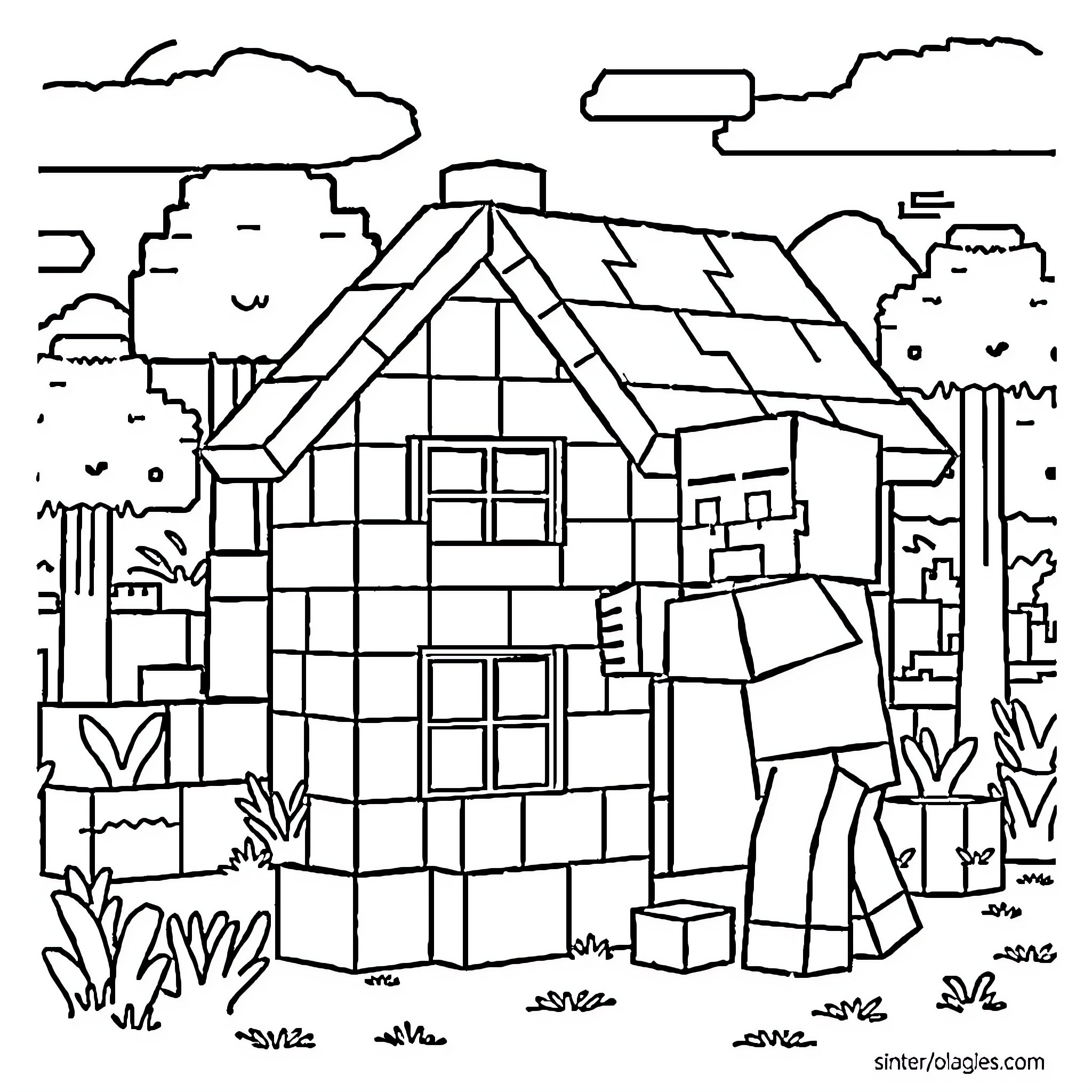 Steve's Cozy Cottage in the Countryside Coloring Page (free black-and-white line drawing printable PDF for all, from beginners to advanced learners, including children, teens, adults, and seniors)