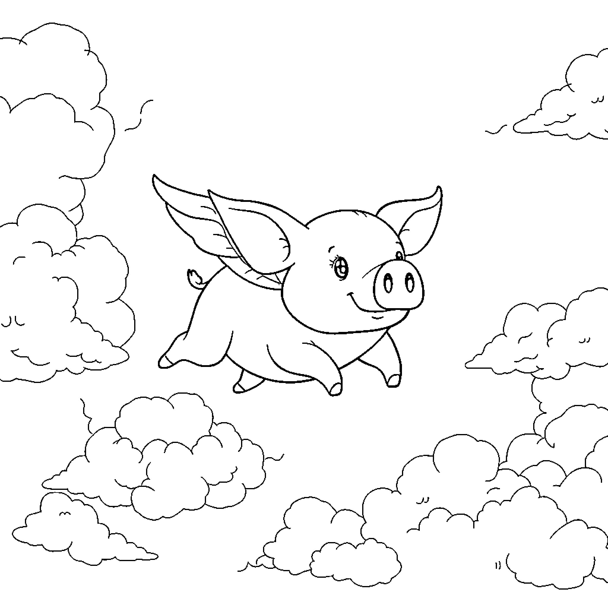 Flying Pig soaring through the cloudy sky Coloring Page (free black-and-white line drawing printable PDF for all, from beginners to advanced learners, including children, teens, adults, and seniors)