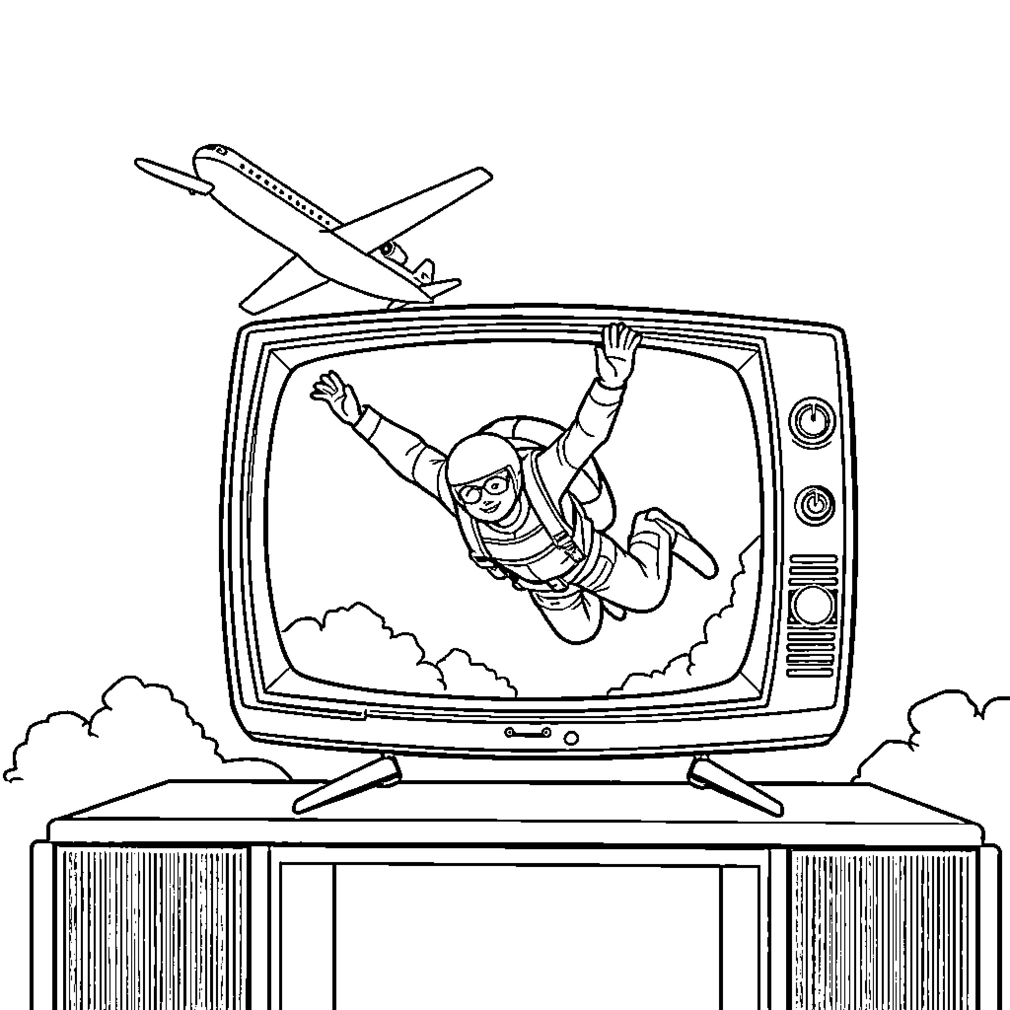 TV Showing Person Skydiving Excitedly Coloring Page (free black-and-white line drawing printable PDF for all, from beginners to advanced learners, including children, teens, adults, and seniors)