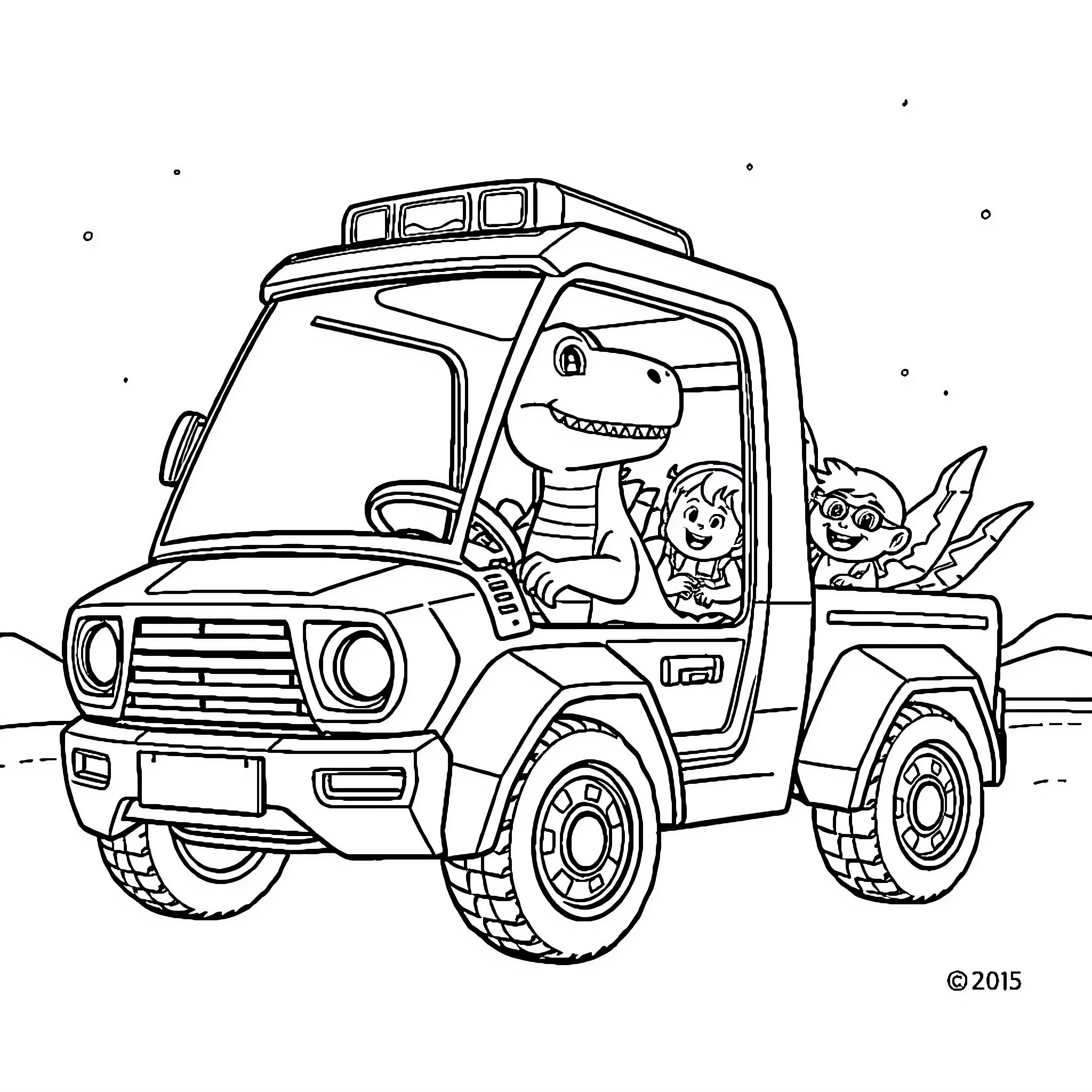 Dinosaur friends riding off-road vehicle on adventure Coloring Page (free black-and-white line drawing printable PDF for all, from beginners to advanced learners, including children, teens, adults, and seniors)