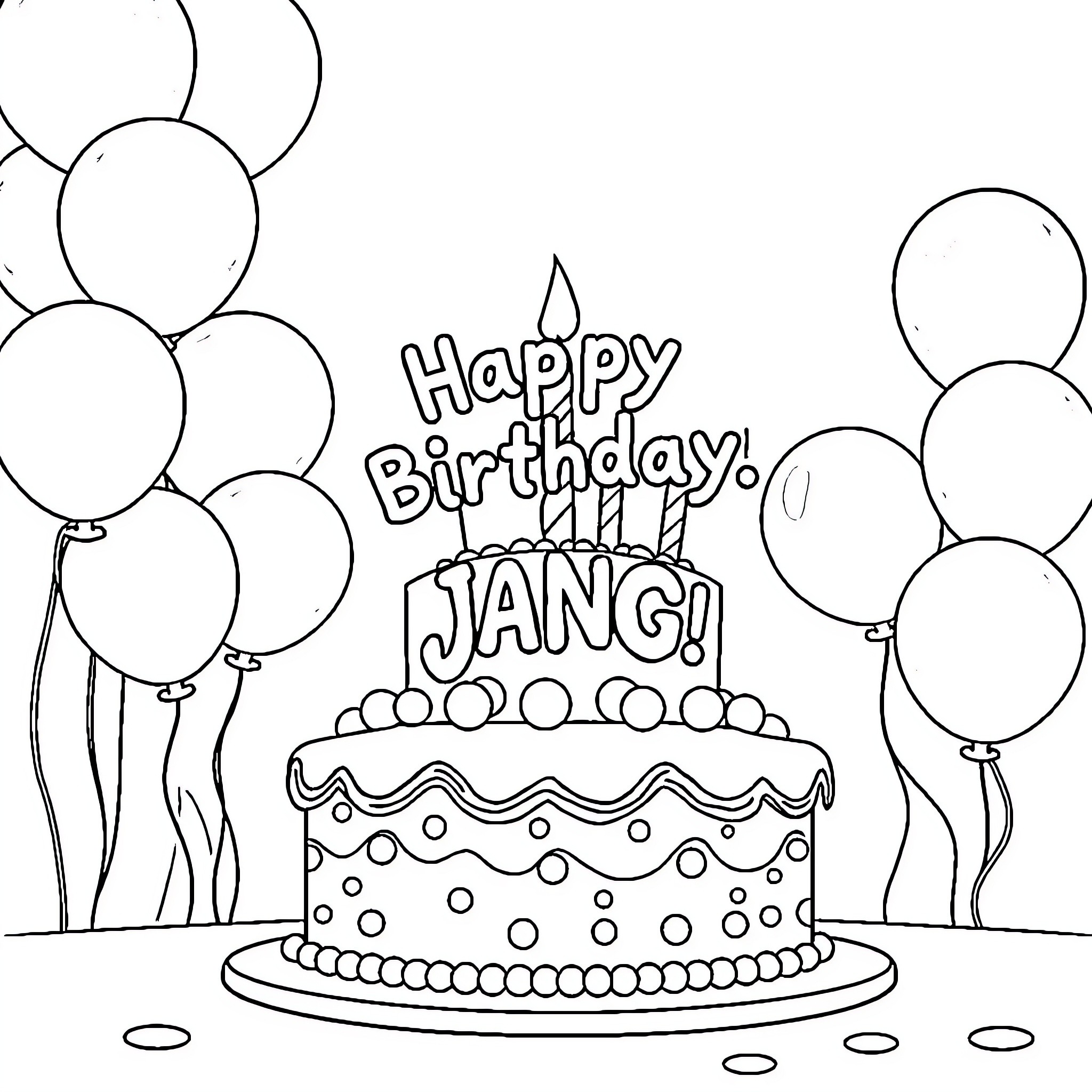 Jang's Birthday Celebration with Cake and Balloons Coloring Page (free black-and-white line drawing printable PDF for all, from beginners to advanced learners, including children, teens, adults, and seniors)