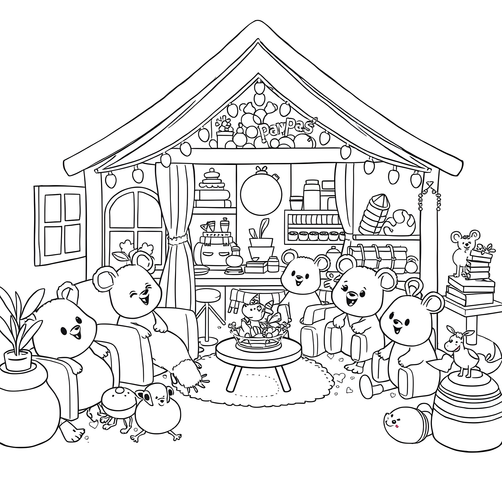 Critter Gathering in Cozy Cottage Coloring Page (free black-and-white line drawing printable PDF for all, from beginners to advanced learners, including children, teens, adults, and seniors)
