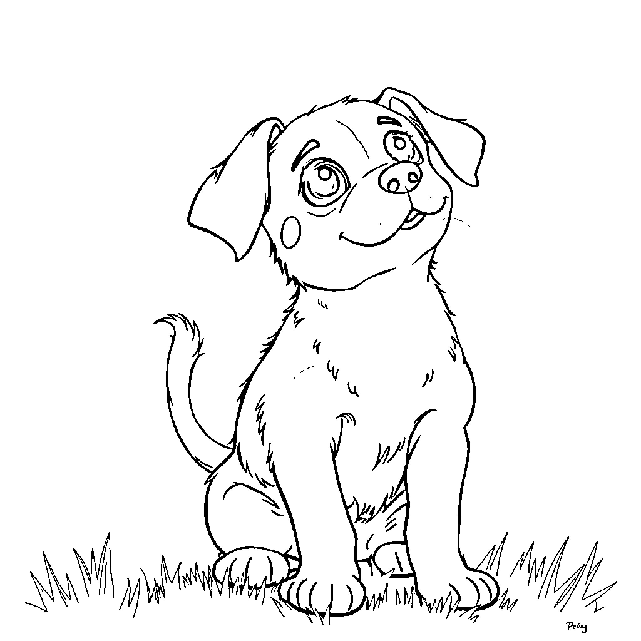 Dog sitting happily in the grass Coloring Page (free black-and-white line drawing printable PDF for all, from beginners to advanced learners, including children, teens, adults, and seniors)