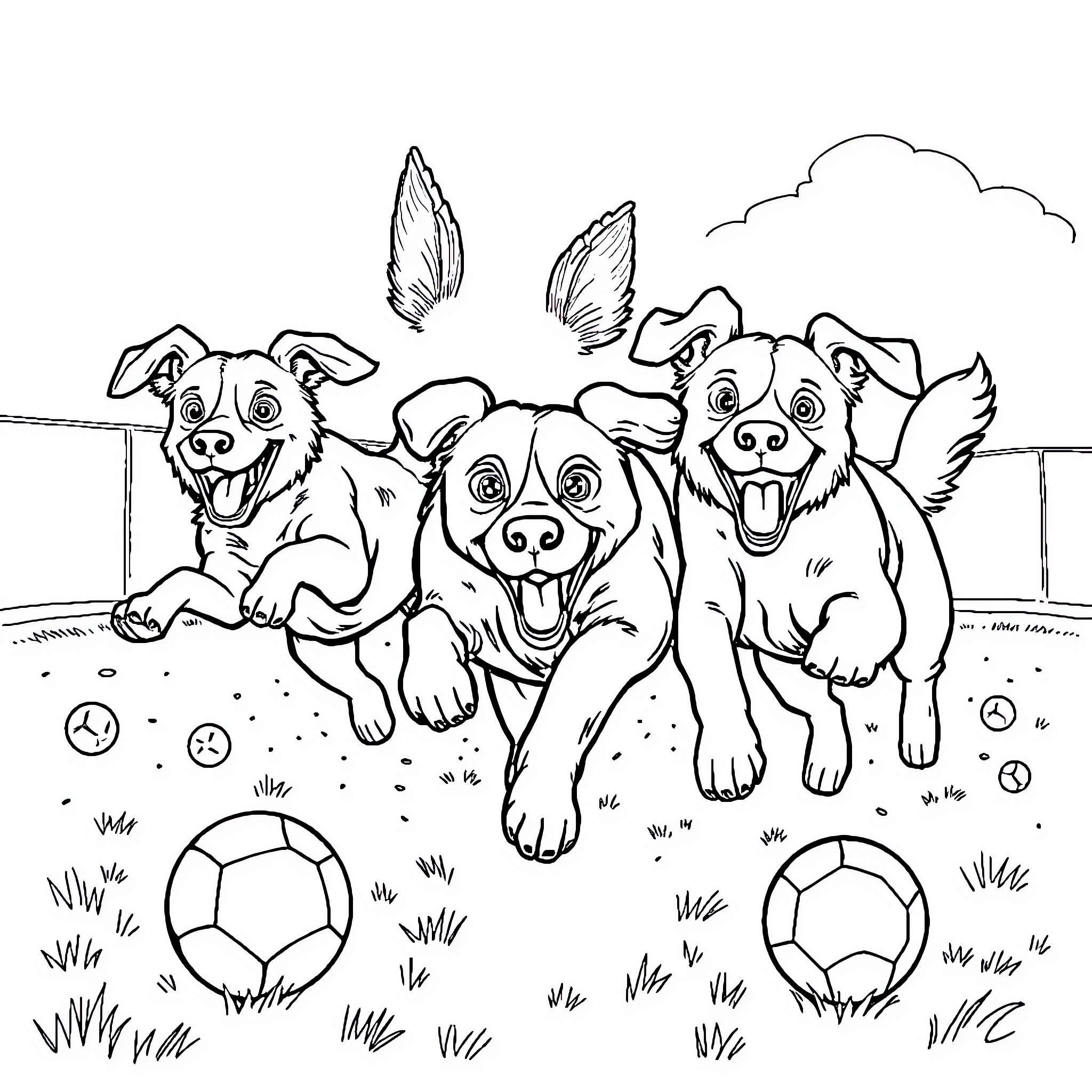 Dog friends playing happily with soccer balls Coloring Page (free black-and-white line drawing printable PDF for all, from beginners to advanced learners, including children, teens, adults, and seniors)