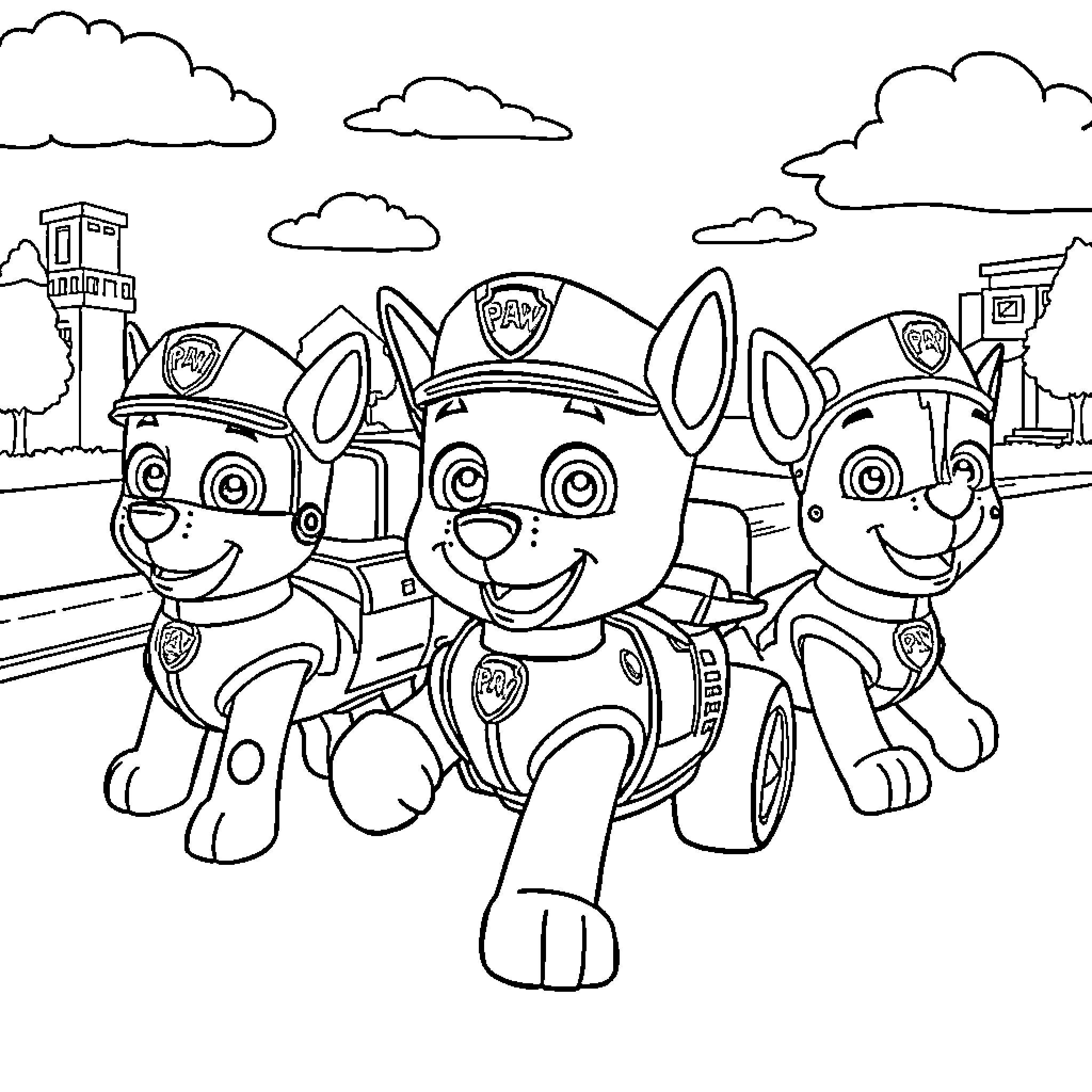 Paw Patrol Pups on Patrol in the City Coloring Page (free black-and-white line drawing printable PDF for all, from beginners to advanced learners, including children, teens, adults, and seniors)