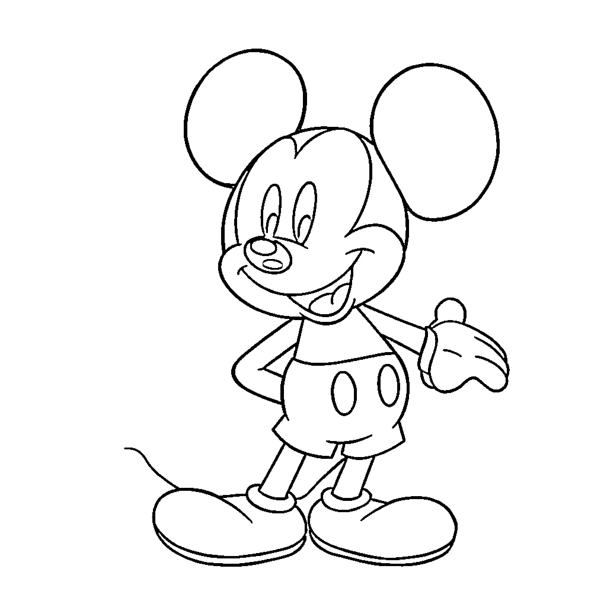 Mickey Mouse in a simple line drawing Coloring Page (free black-and-white line drawing printable PDF for all, from beginners to advanced learners, including children, teens, adults, and seniors)