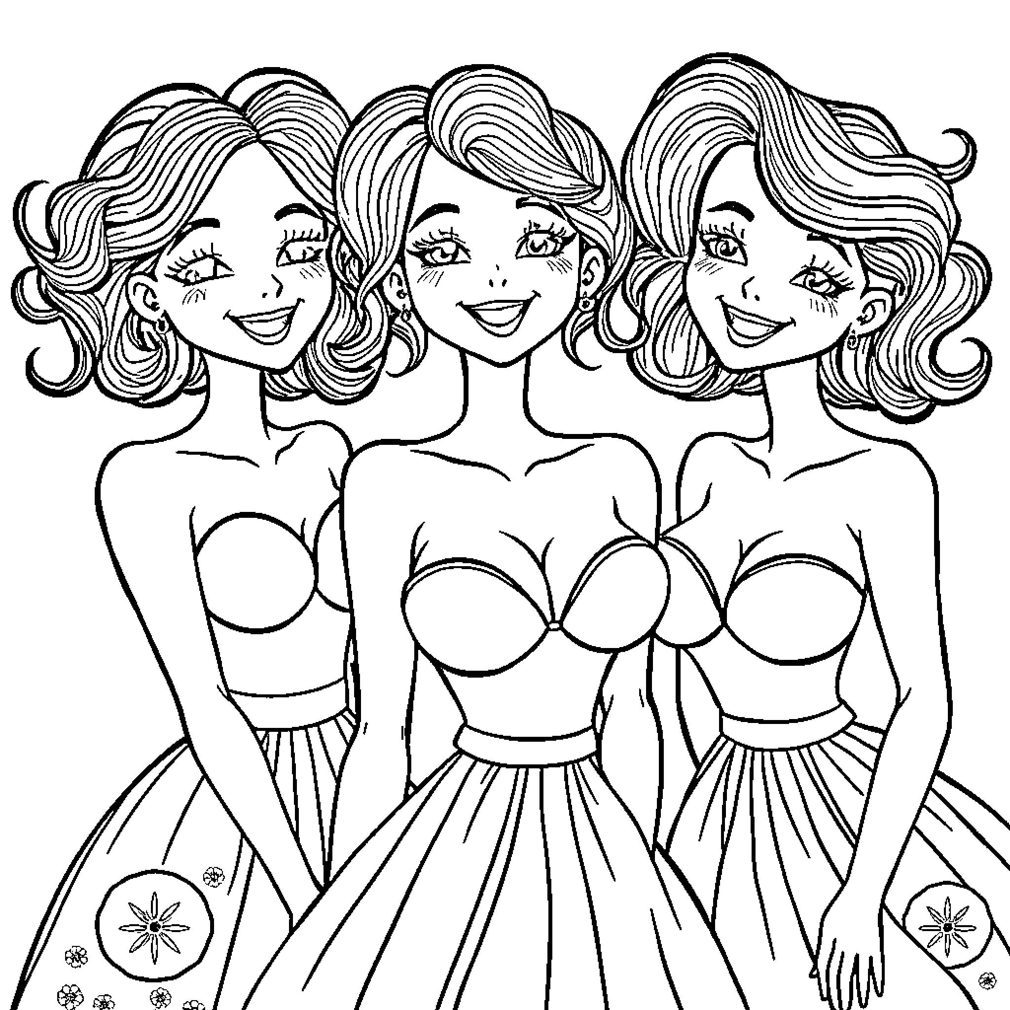 Girls in fashionable attire posing with joy Coloring Page (free black-and-white line drawing printable PDF for all, from beginners to advanced learners, including children, teens, adults, and seniors)