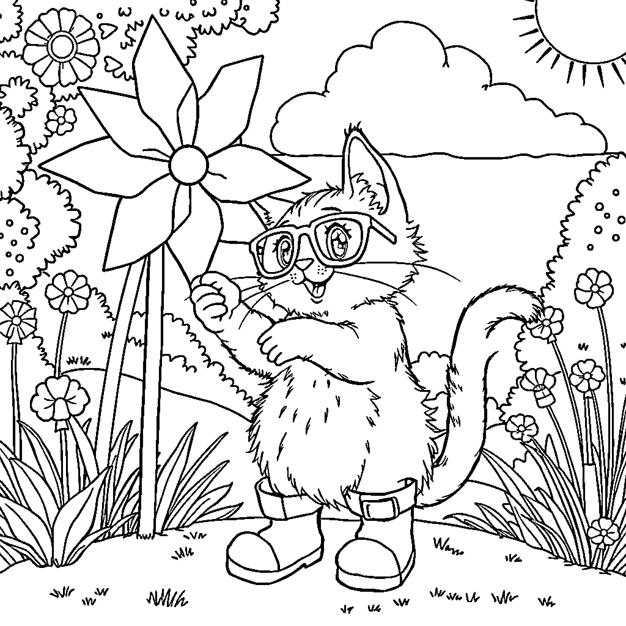 Cat exploring the colorful garden scene Coloring Page (free black-and-white line drawing printable PDF for all, from beginners to advanced learners, including children, teens, adults, and seniors)