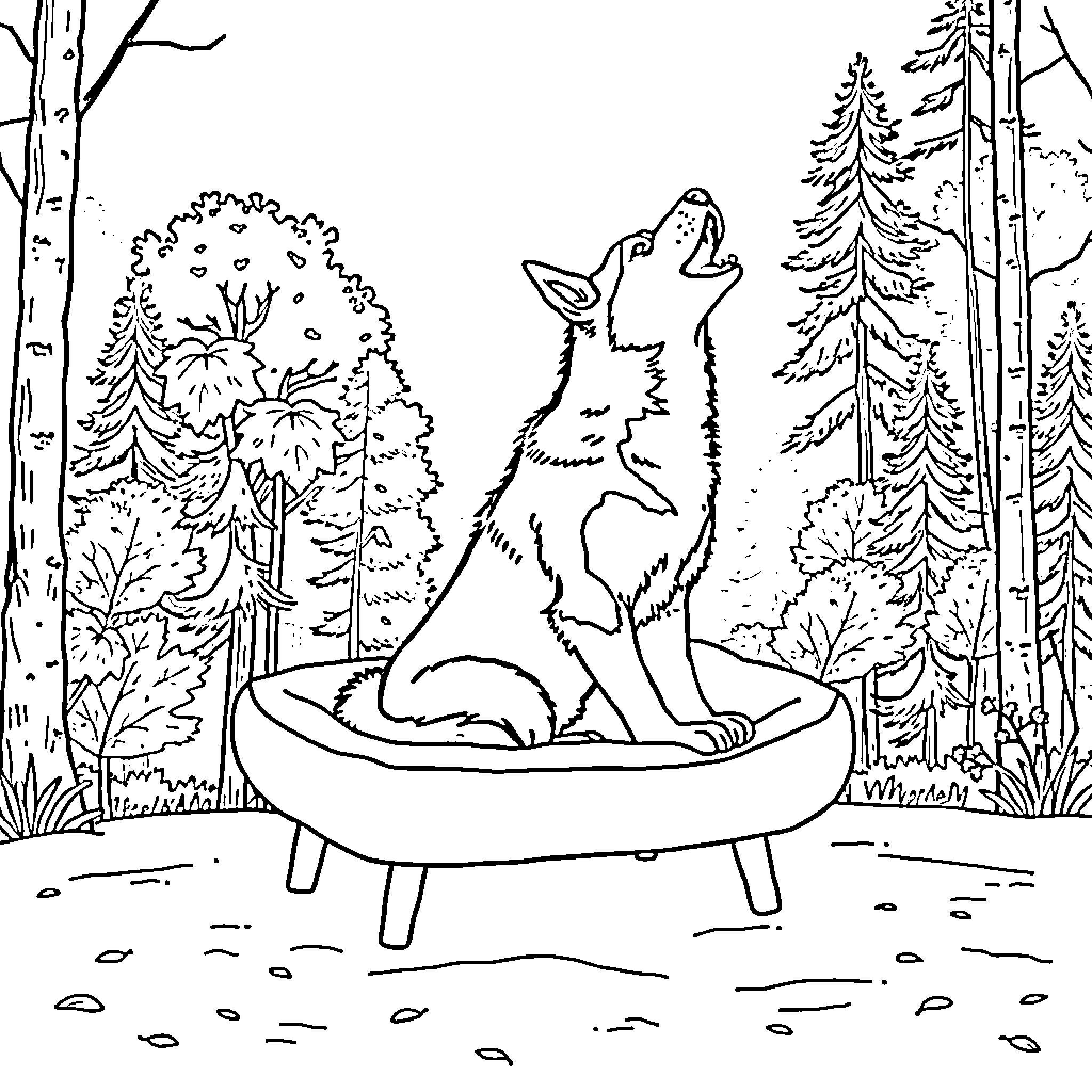 Husky relaxing in forest scenery Coloring Page (free black-and-white line drawing printable PDF for all, from beginners to advanced learners, including children, teens, adults, and seniors)