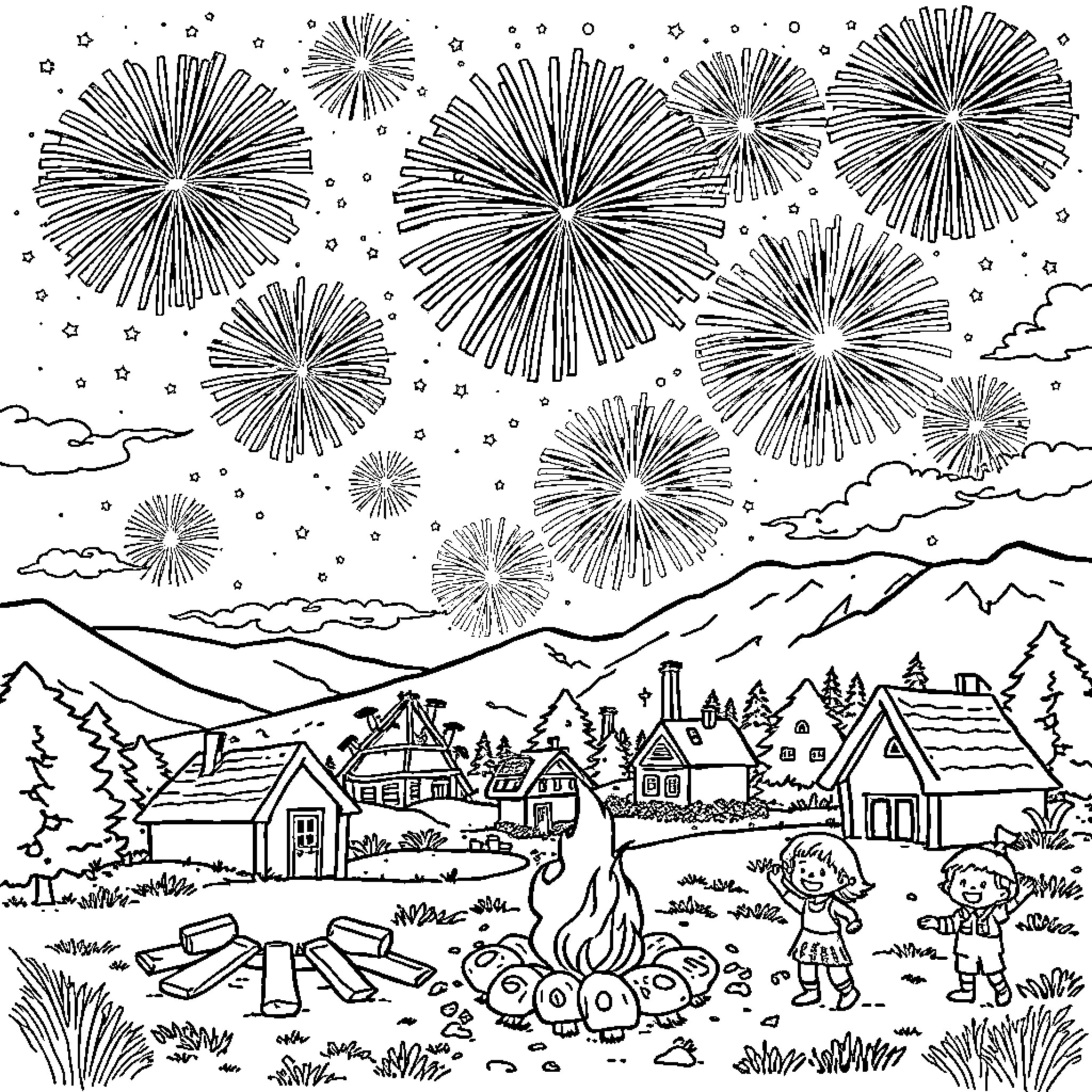 Firework Celebration in a Scenic Mountain Town Coloring Page (free black-and-white line drawing printable PDF for all, from beginners to advanced learners, including children, teens, adults, and seniors)