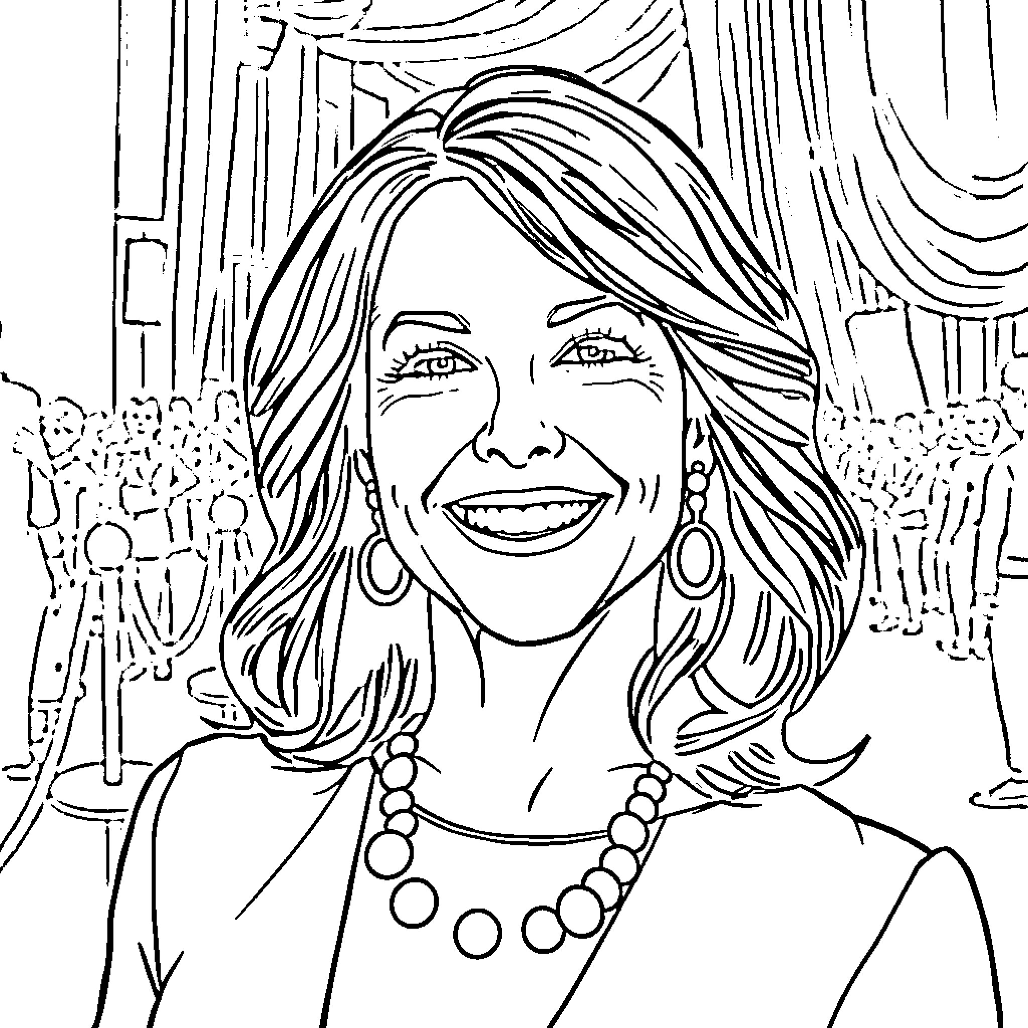 Melissa O'Neil smiling and posing confidently Coloring Page (free black-and-white line drawing printable PDF for all, from beginners to advanced learners, including children, teens, adults, and seniors)