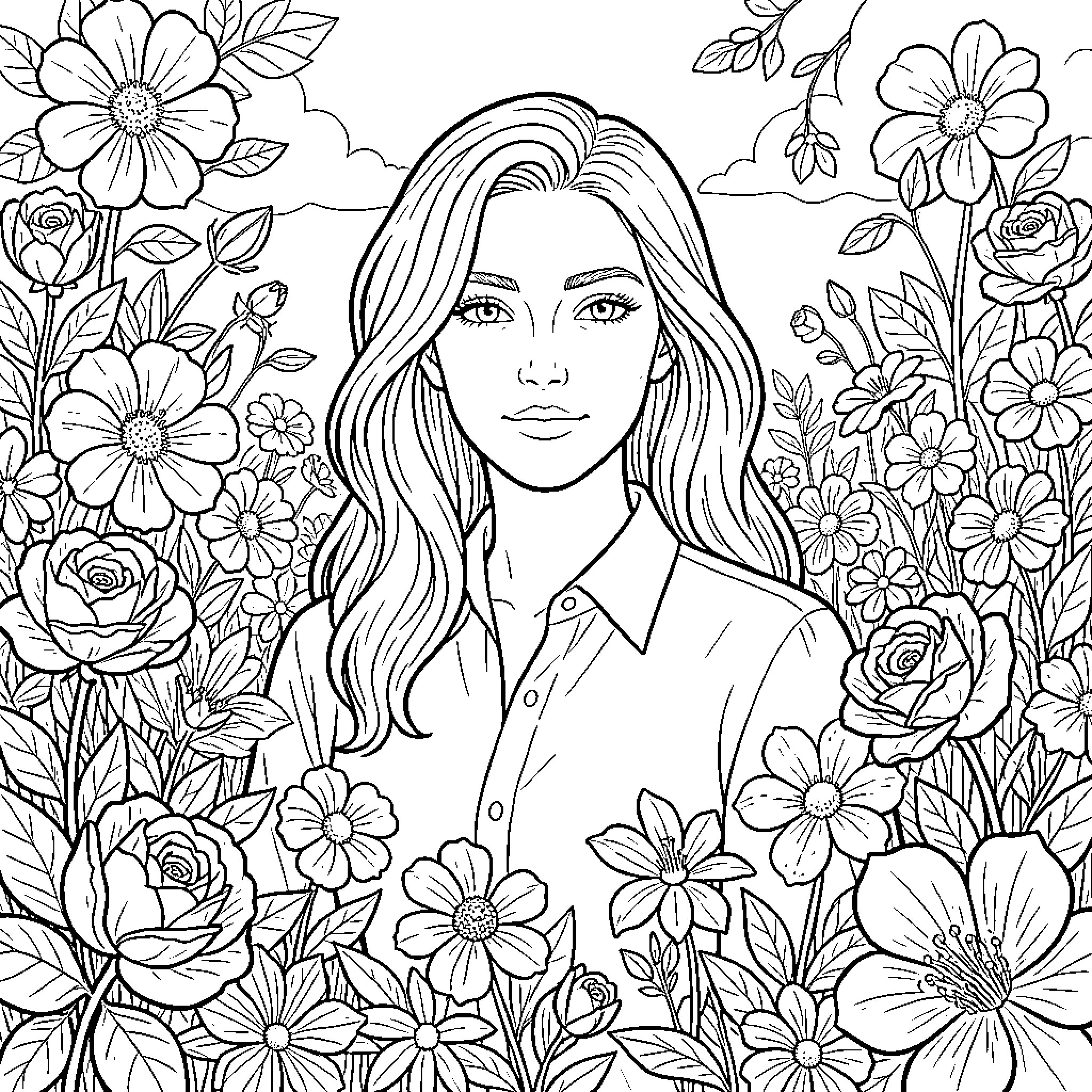 Beauty of a young woman surrounded by blooming flowers Coloring Page (free black-and-white line drawing printable PDF for all, from beginners to advanced learners, including children, teens, adults, and seniors)