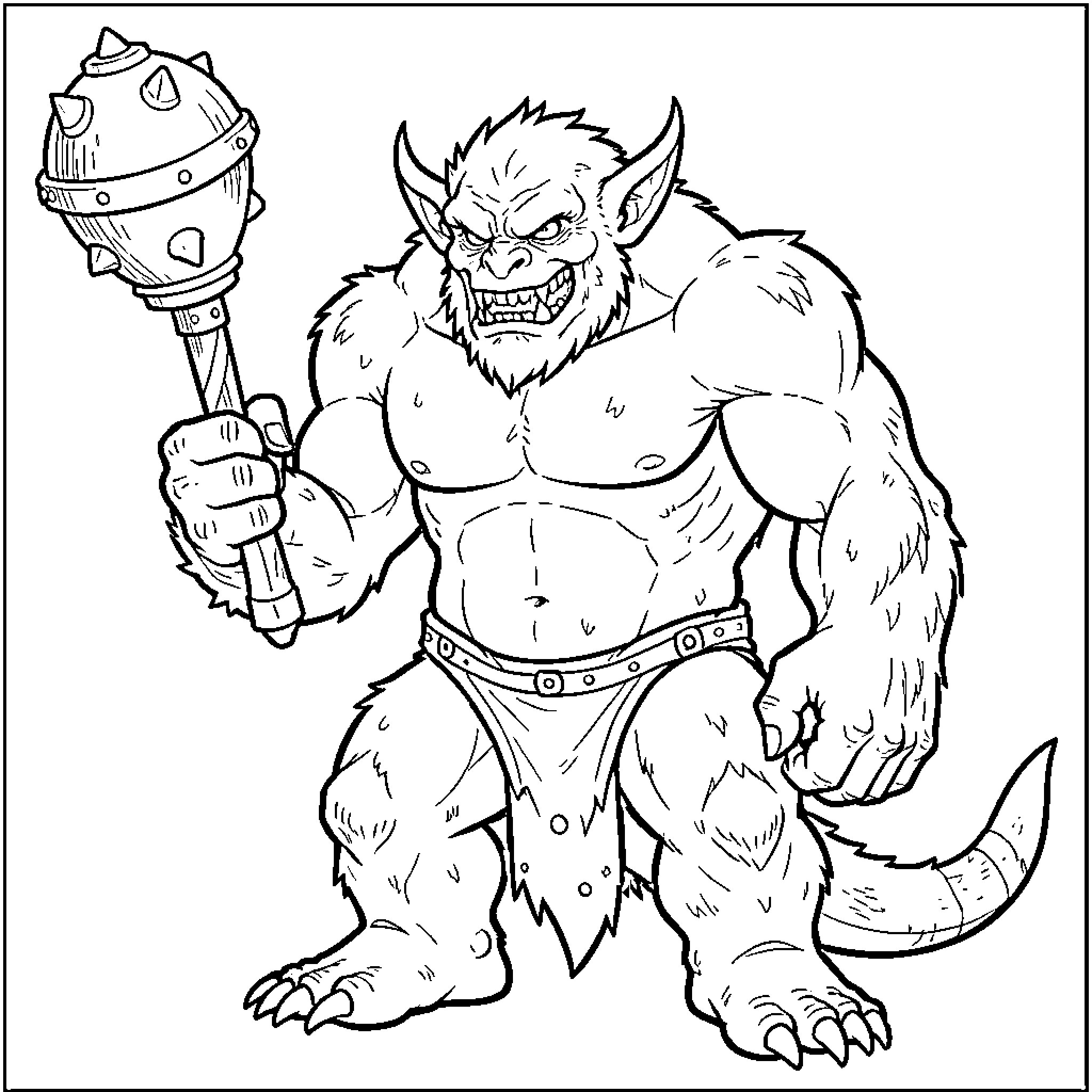 Monster wielding a spiked club with a fierce expression Coloring Page (free black-and-white line drawing printable PDF for all, from beginners to advanced learners, including children, teens, adults, and seniors)