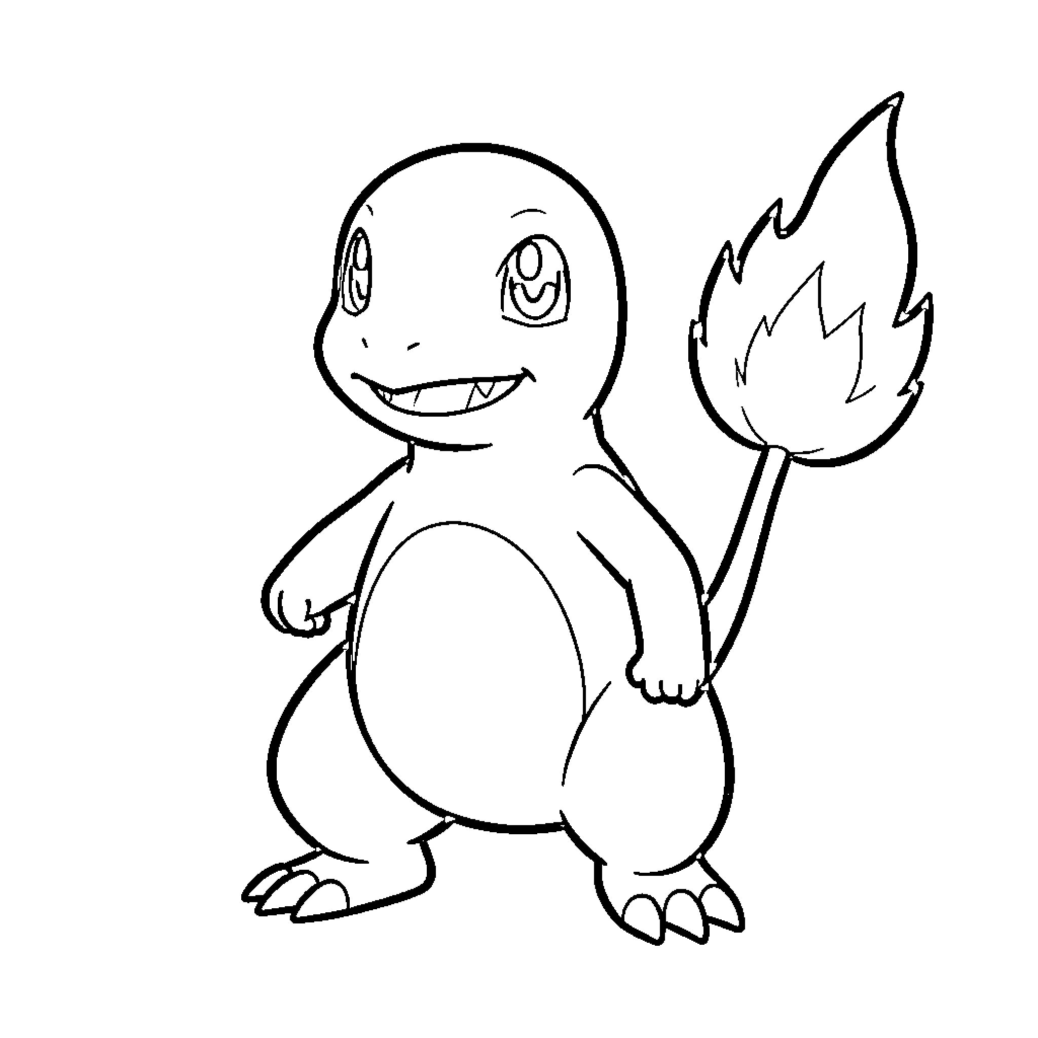 Charmander standing and smiling happily Coloring Page (free black-and-white line drawing printable PDF for all, from beginners to advanced learners, including children, teens, adults, and seniors)