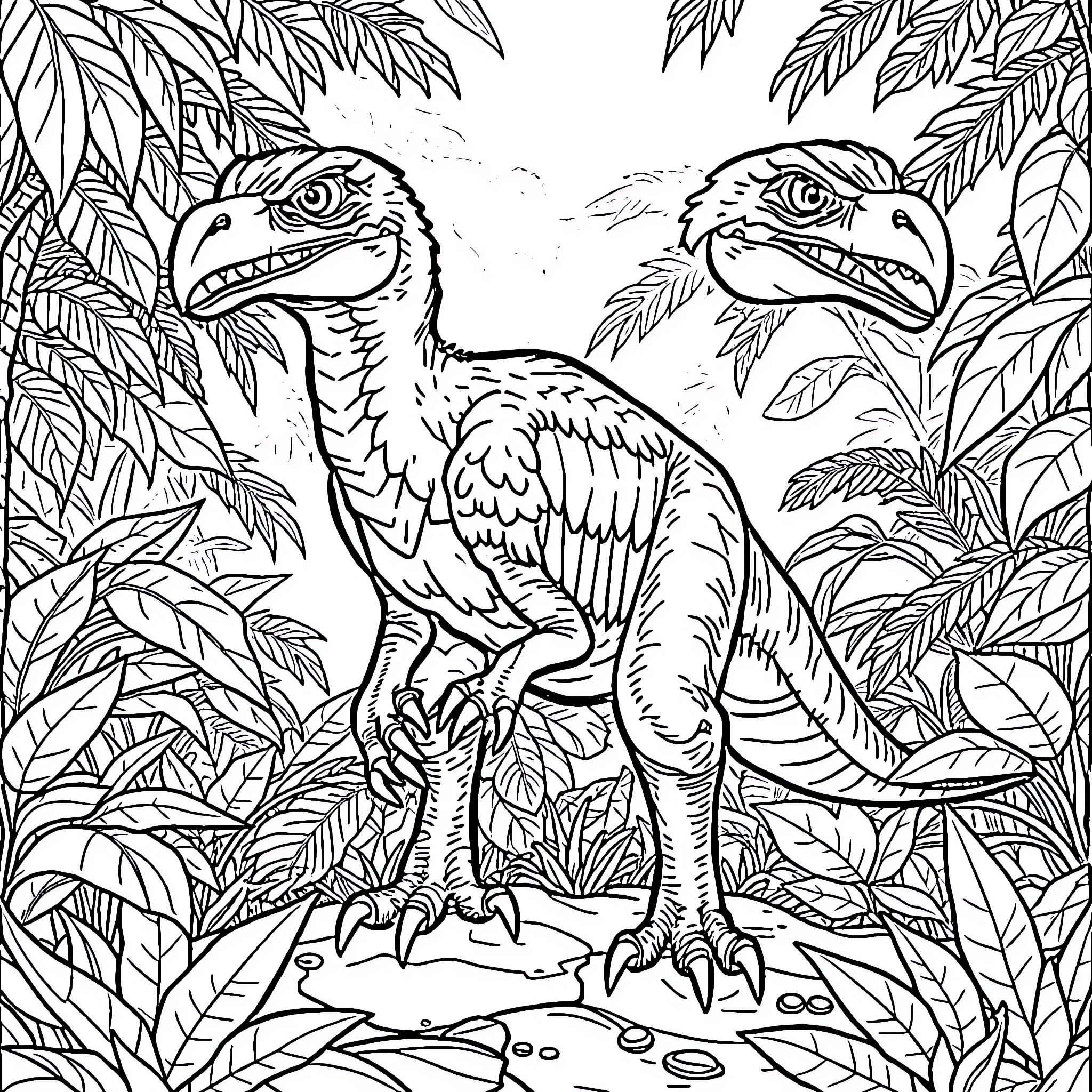 Raptors in the Lush Jungle Habitat Coloring Page (free black-and-white line drawing printable PDF for all, from beginners to advanced learners, including children, teens, adults, and seniors)