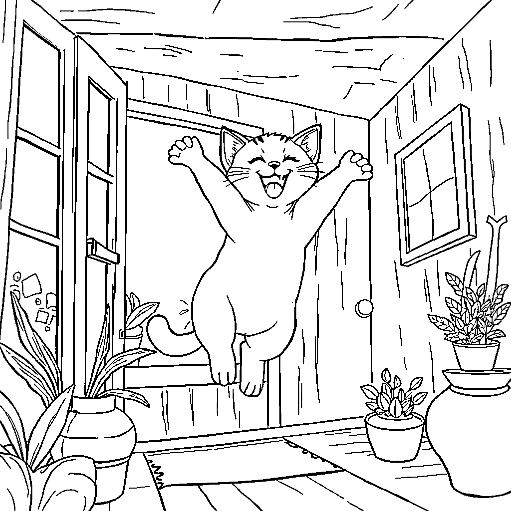 Flying Cat Leaping Joyfully in Room Coloring Page (free black-and-white line drawing printable PDF for all, from beginners to advanced learners, including children, teens, adults, and seniors)