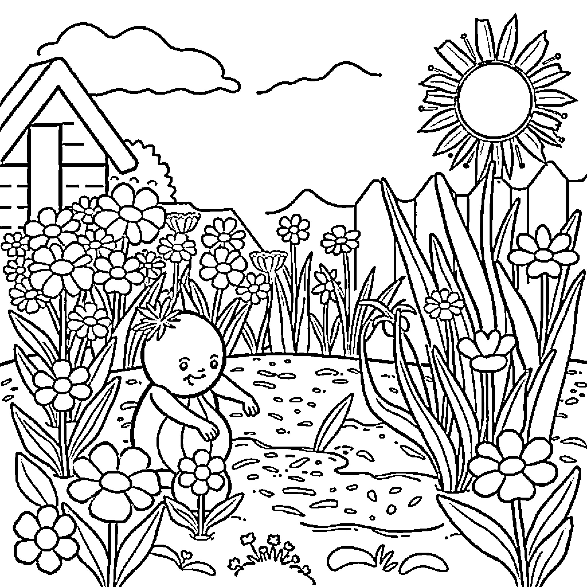 Onion flower garden with happy figure Coloring Page (free black-and-white line drawing printable PDF for all, from beginners to advanced learners, including children, teens, adults, and seniors)