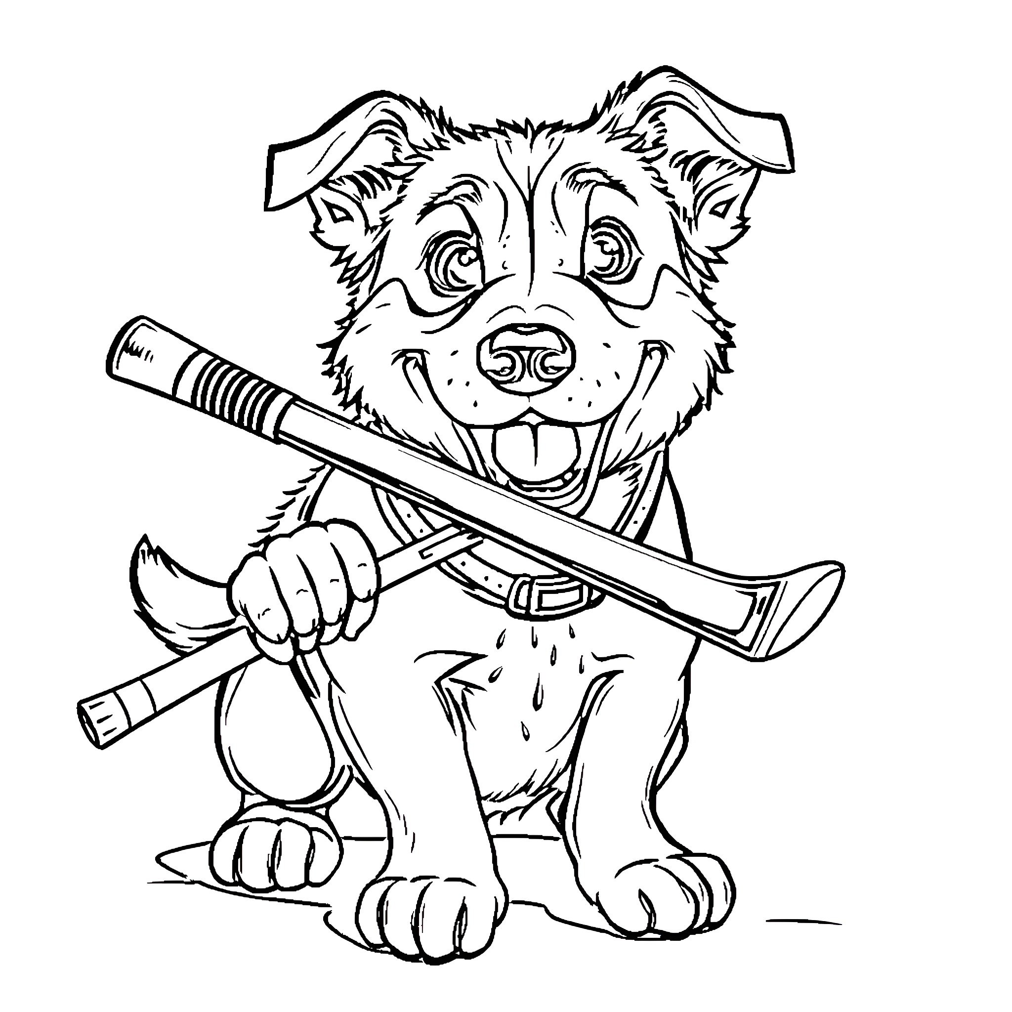 Dog playing happily with a baseball bat Coloring Page (free black-and-white line drawing printable PDF for all, from beginners to advanced learners, including children, teens, adults, and seniors)