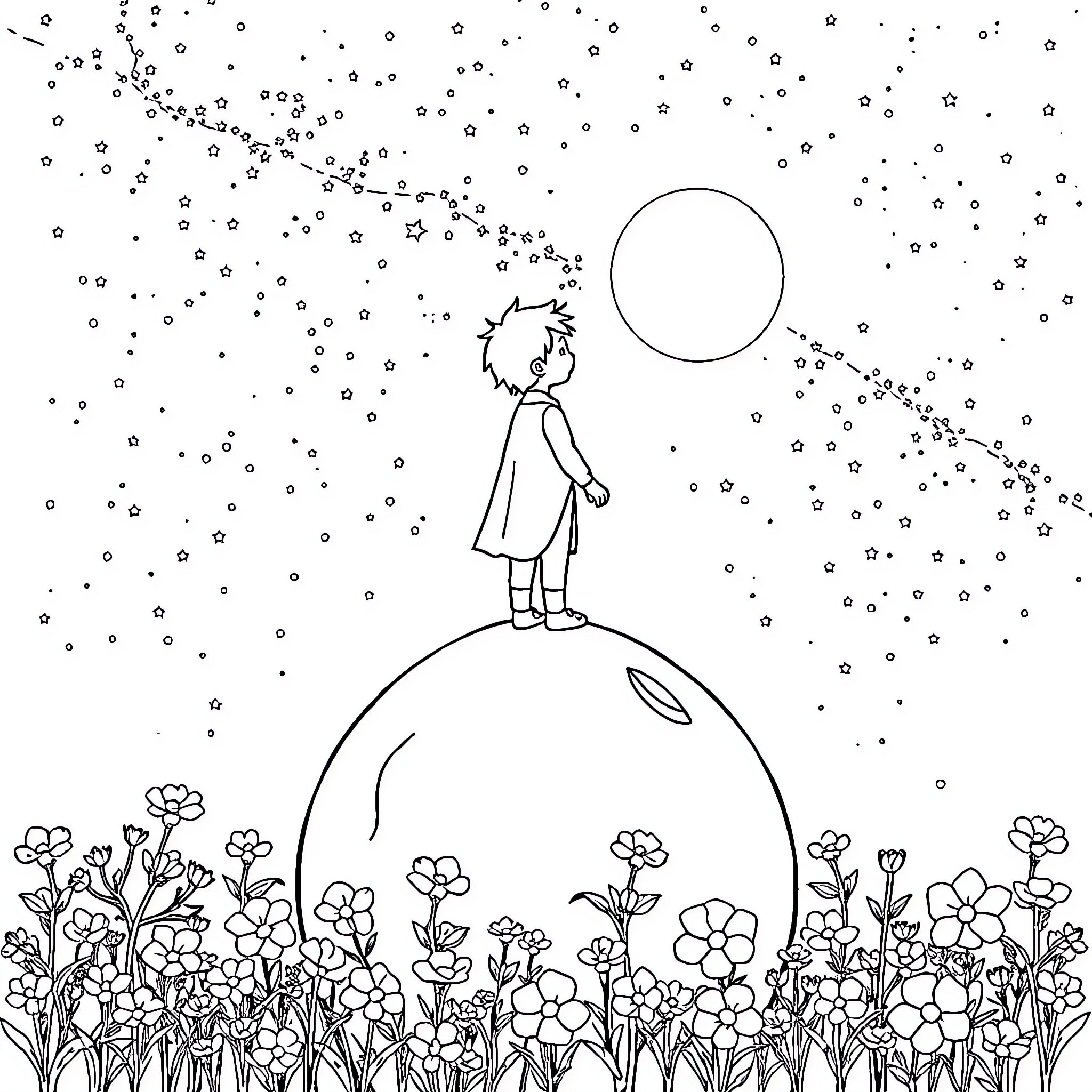 Prince gazing at the stars on a moonlit night Coloring Page (free black-and-white line drawing printable PDF for all, from beginners to advanced learners, including children, teens, adults, and seniors)
