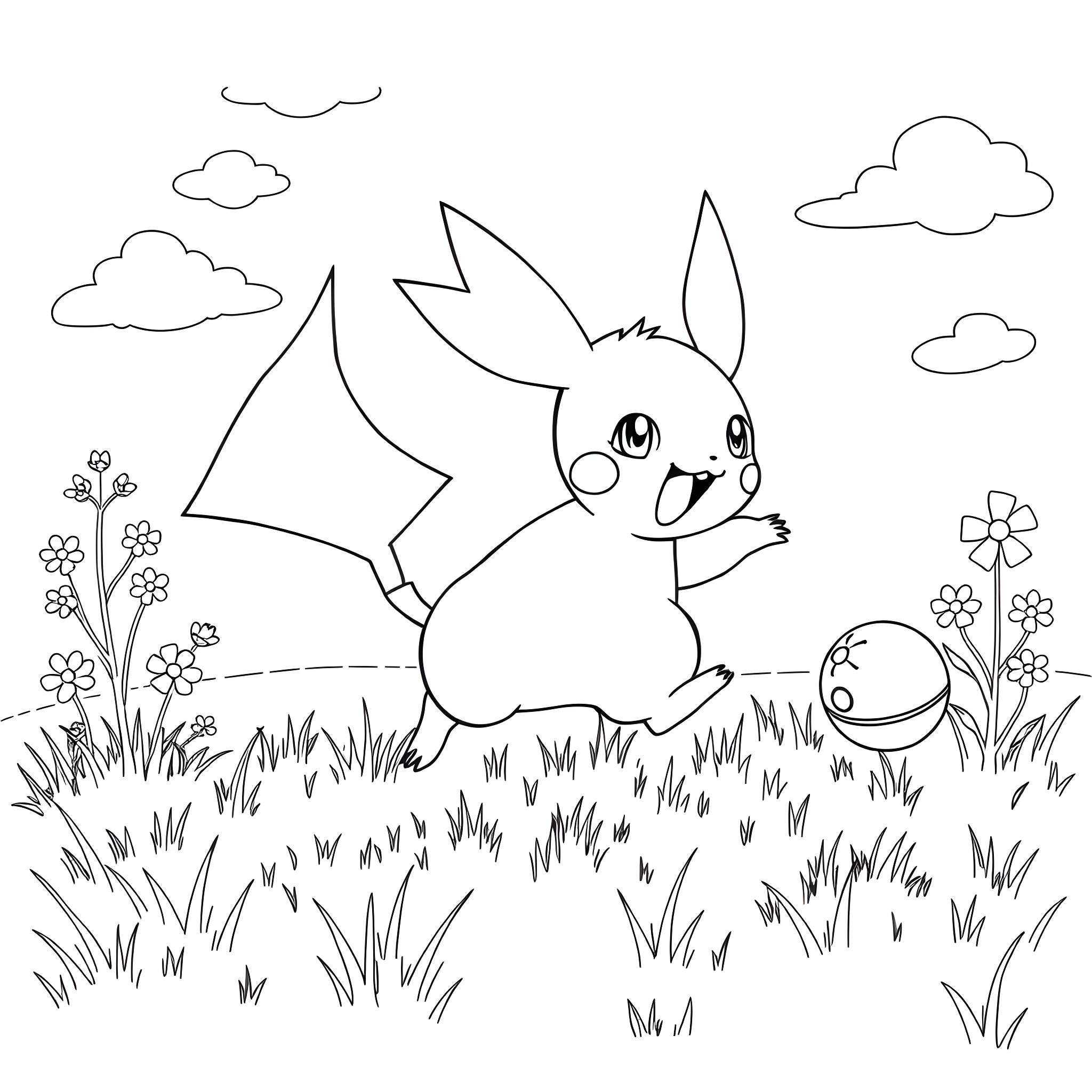 Raichu playing happily in the meadow Coloring Page (free black-and-white line drawing printable PDF for all, from beginners to advanced learners, including children, teens, adults, and seniors)