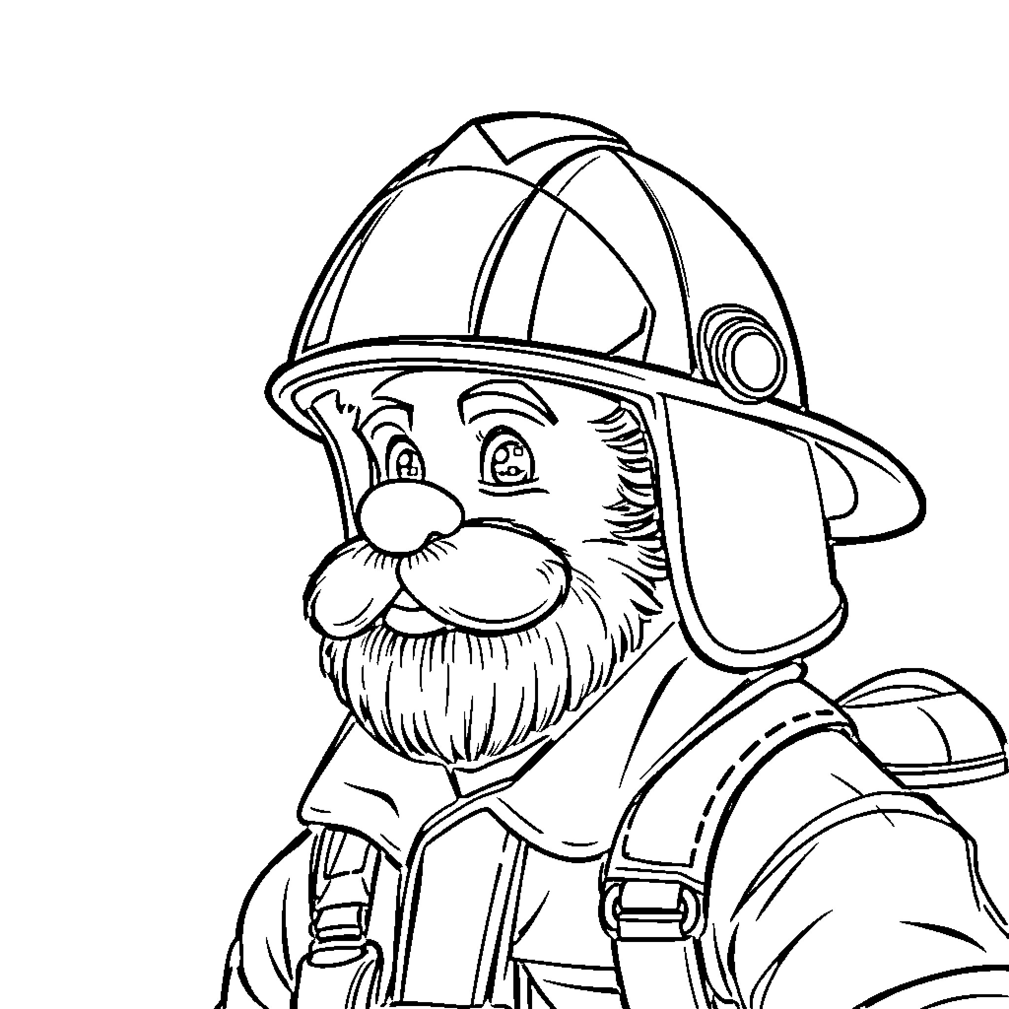 Gimli the Firefighter Smiling in Uniform Coloring Page (free black-and-white line drawing printable PDF for all, from beginners to advanced learners, including children, teens, adults, and seniors)