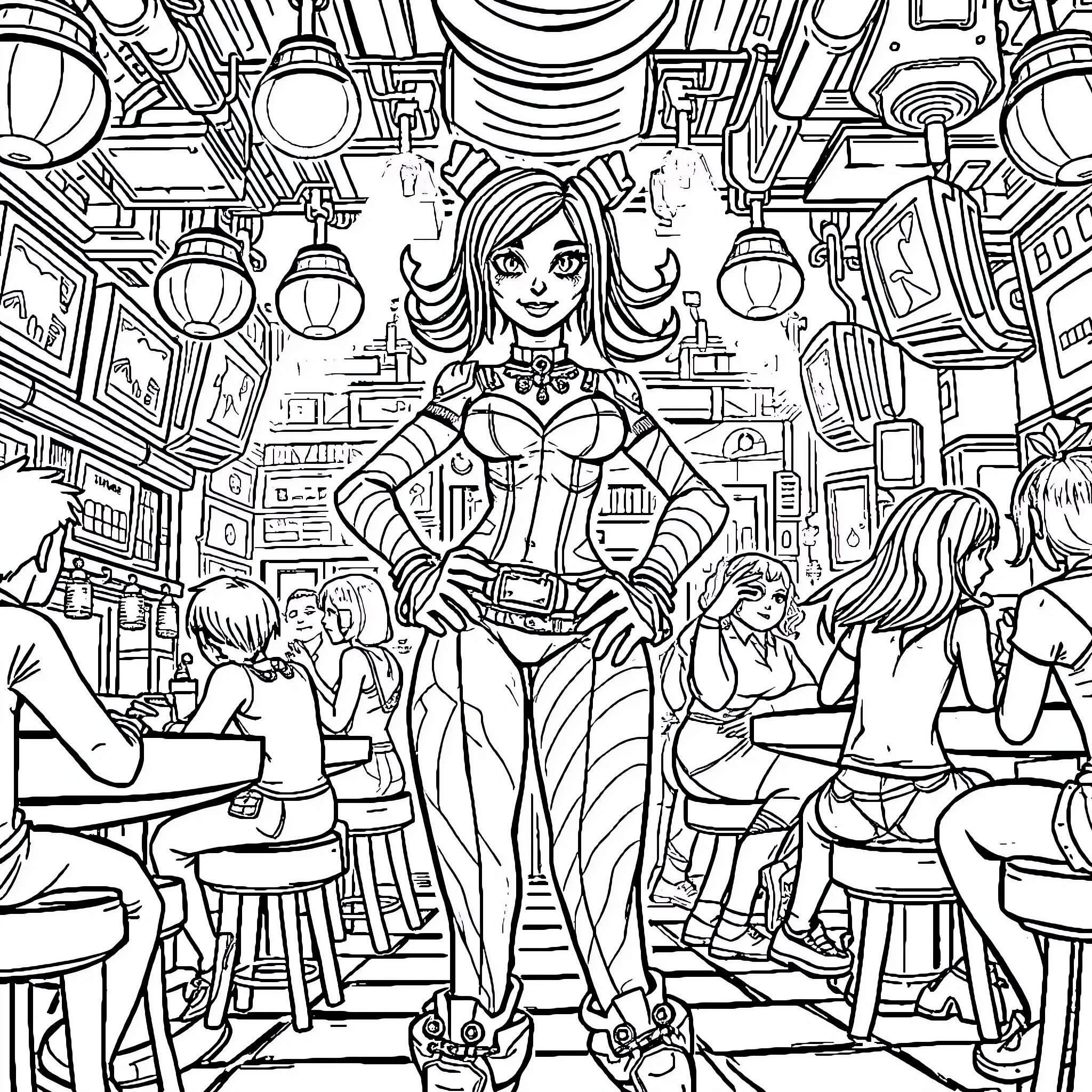 Moxxi's Fashionable Affair in the Bar Scene Coloring Page (free black-and-white line drawing printable PDF for all, from beginners to advanced learners, including children, teens, adults, and seniors)