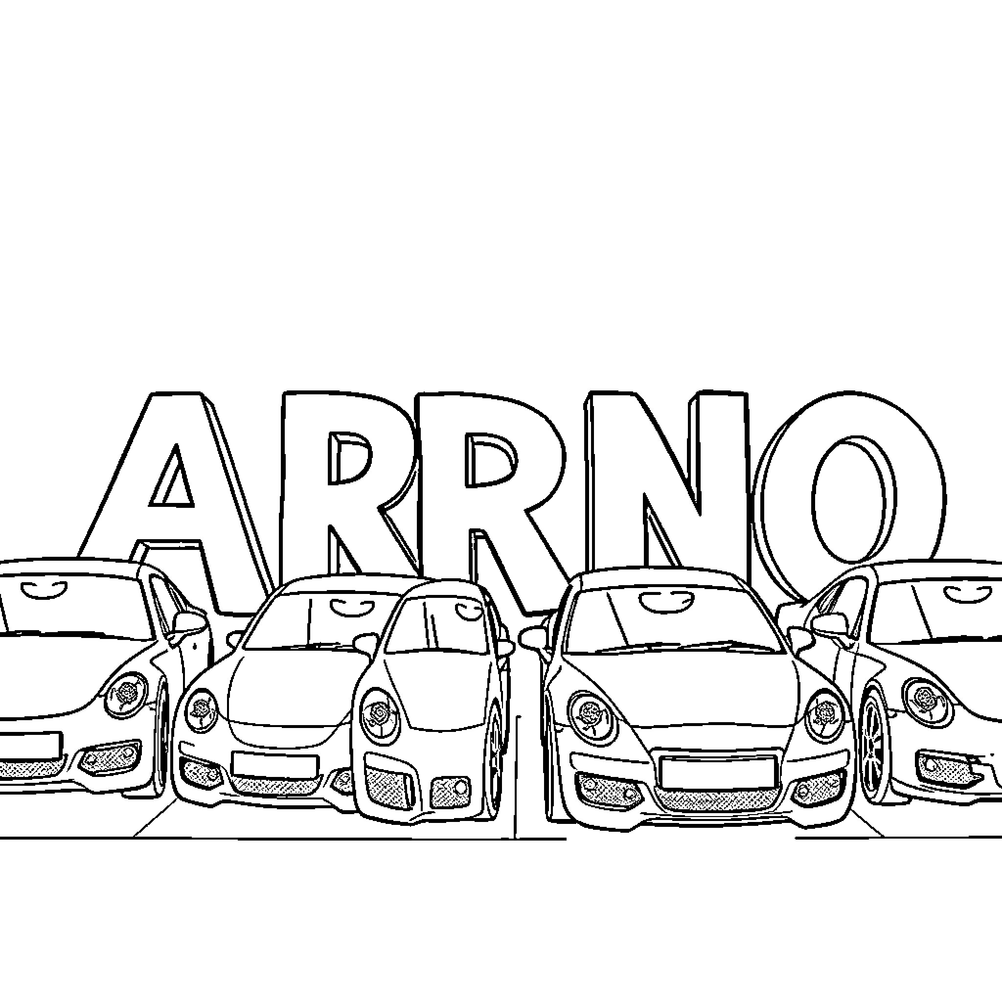 Car show with various sports cars on display Coloring Page (free black-and-white line drawing printable PDF for all, from beginners to advanced learners, including children, teens, adults, and seniors)