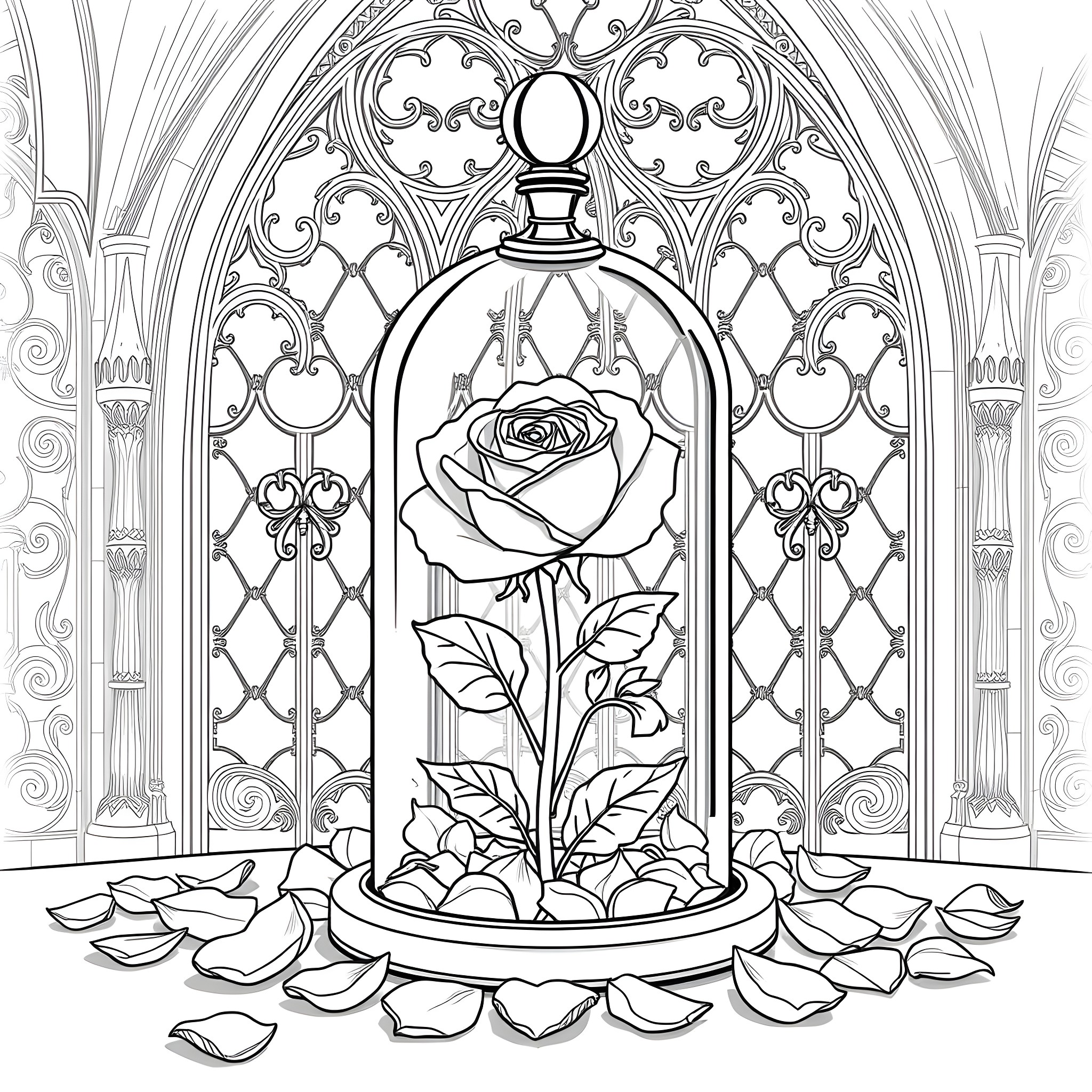 Rose in a Beautiful Glass Dome Coloring Page (free black-and-white line drawing printable PDF for all, from beginners to advanced learners, including children, teens, adults, and seniors)