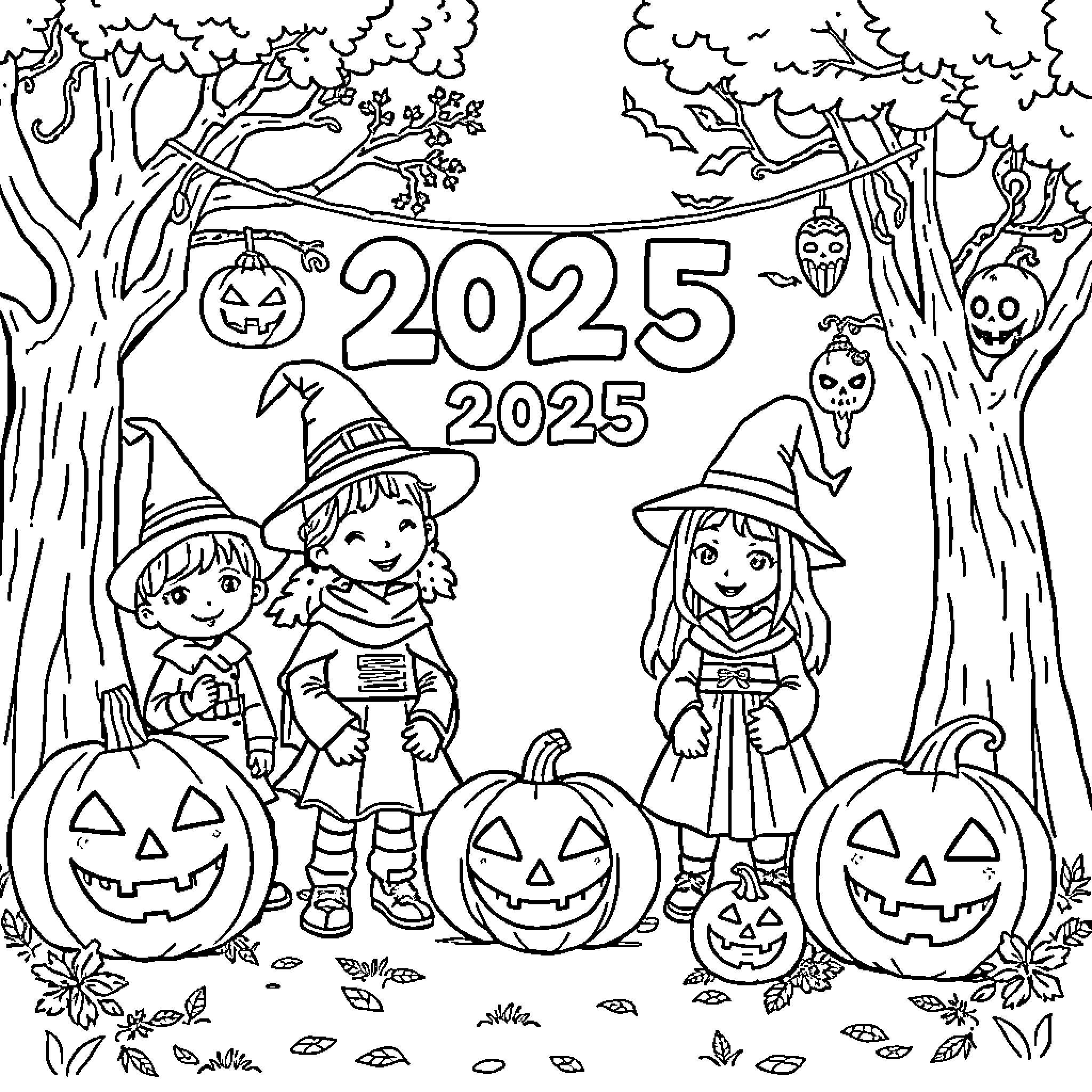 Halloween Fun in the Enchanted Forest Coloring Page (free black-and-white line drawing printable PDF for all, from beginners to advanced learners, including children, teens, adults, and seniors)