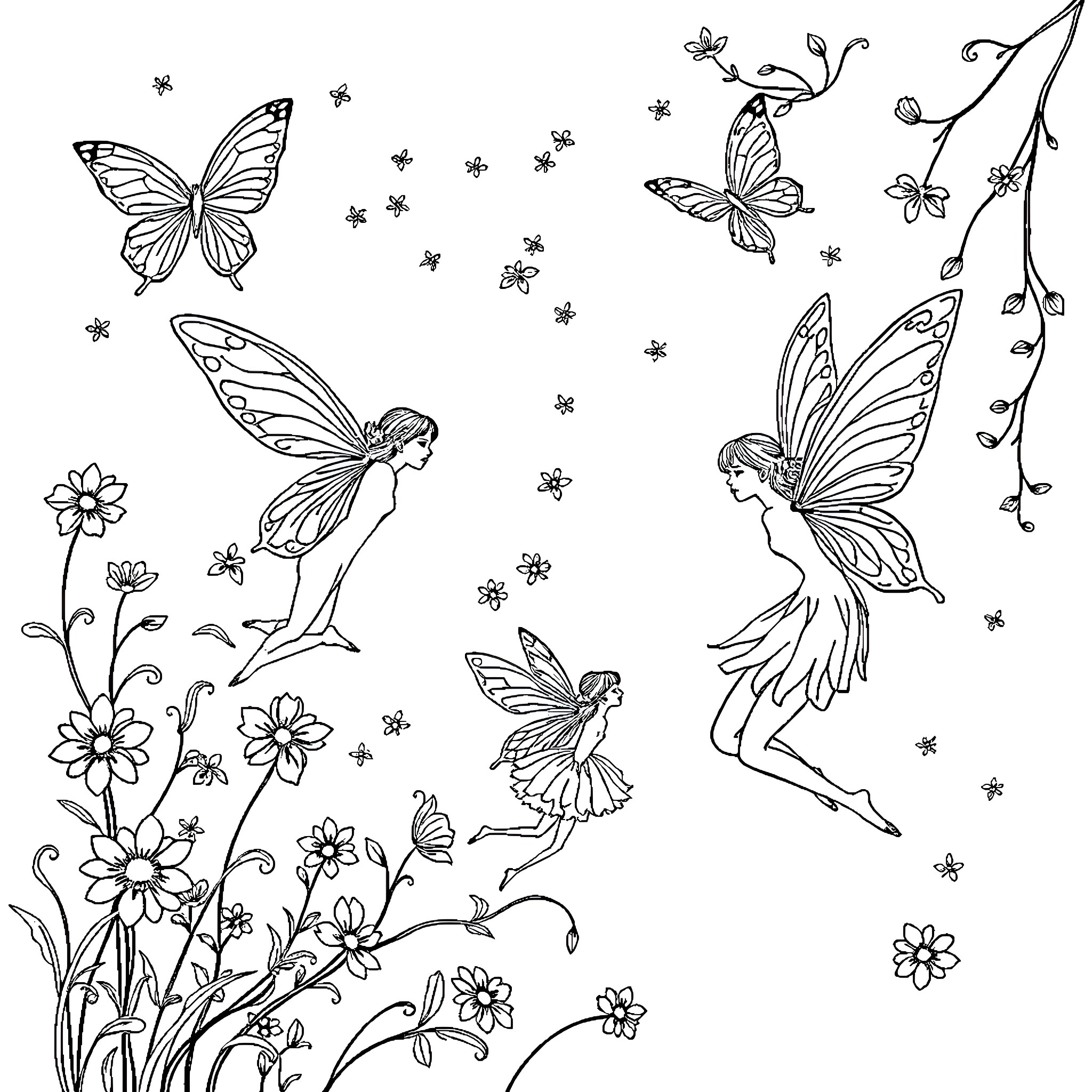Fairy Dancers Frolicking Among Flowers and Butterflies Coloring Page (free black-and-white line drawing printable PDF for all, from beginners to advanced learners, including children, teens, adults, and seniors)