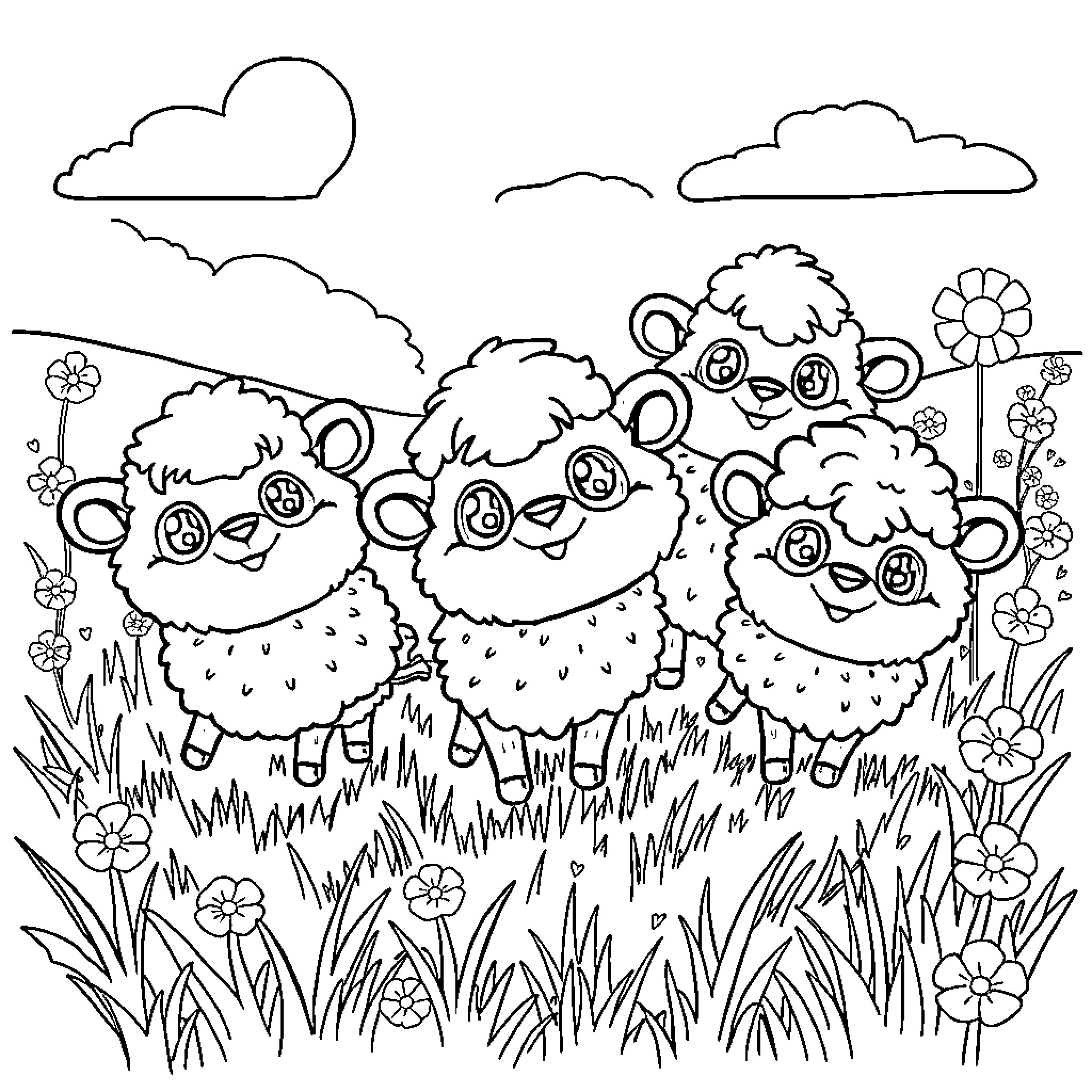 Yeeps Fluffy Sheep Frolicking in Flower Field Coloring Page (free black-and-white line drawing printable PDF for all, from beginners to advanced learners, including children, teens, adults, and seniors)