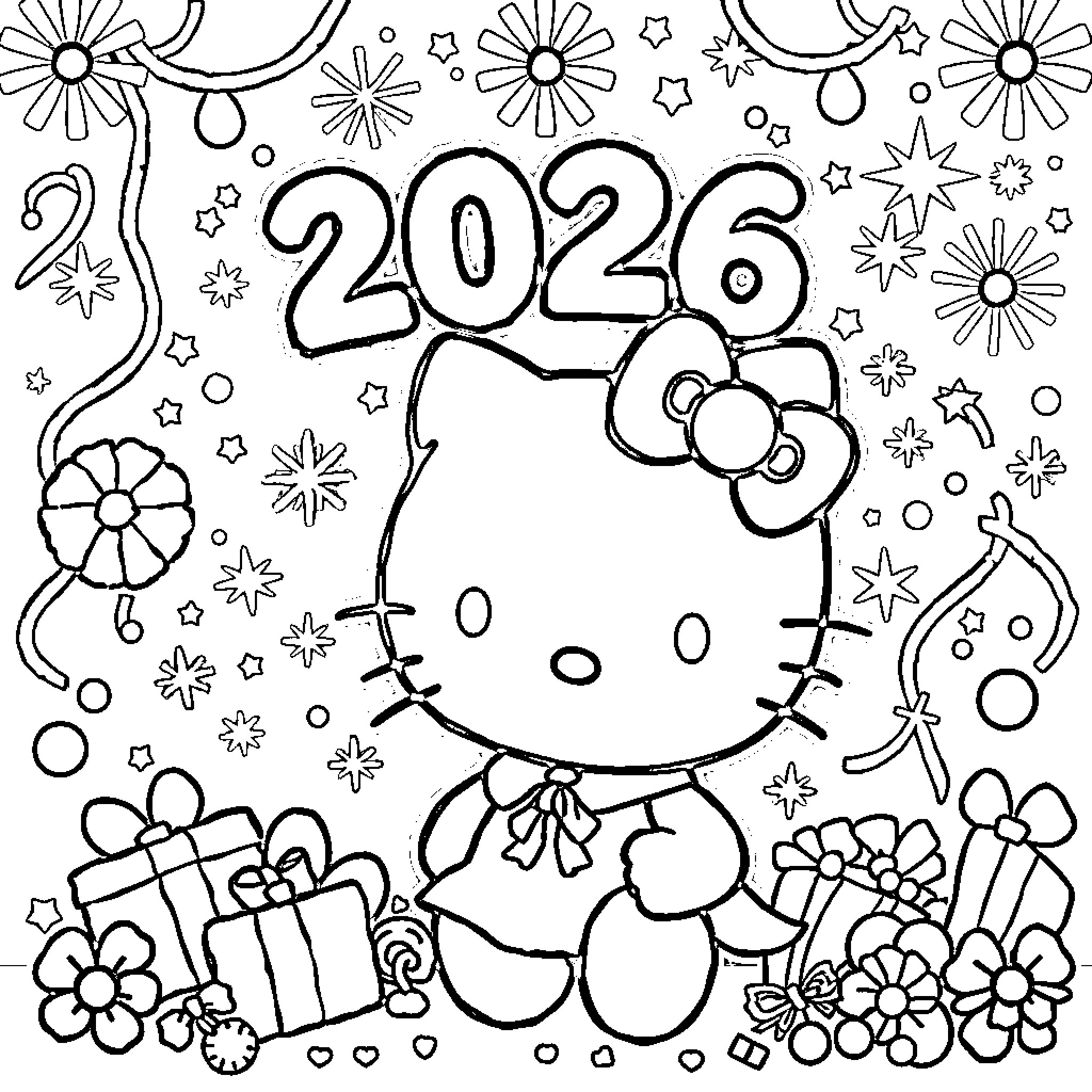 Hello Kitty celebrating the new year 2026 Coloring Page (free black-and-white line drawing printable PDF for all, from beginners to advanced learners, including children, teens, adults, and seniors)