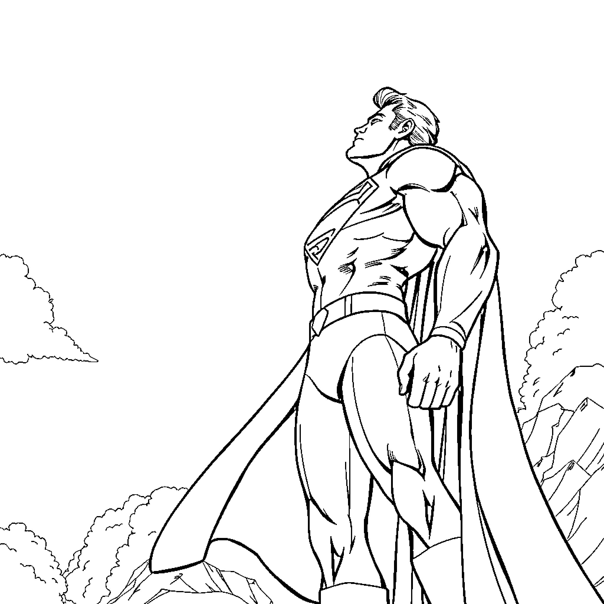 Superman soaring heroically over the mountains Coloring Page (free black-and-white line drawing printable PDF for all, from beginners to advanced learners, including children, teens, adults, and seniors)