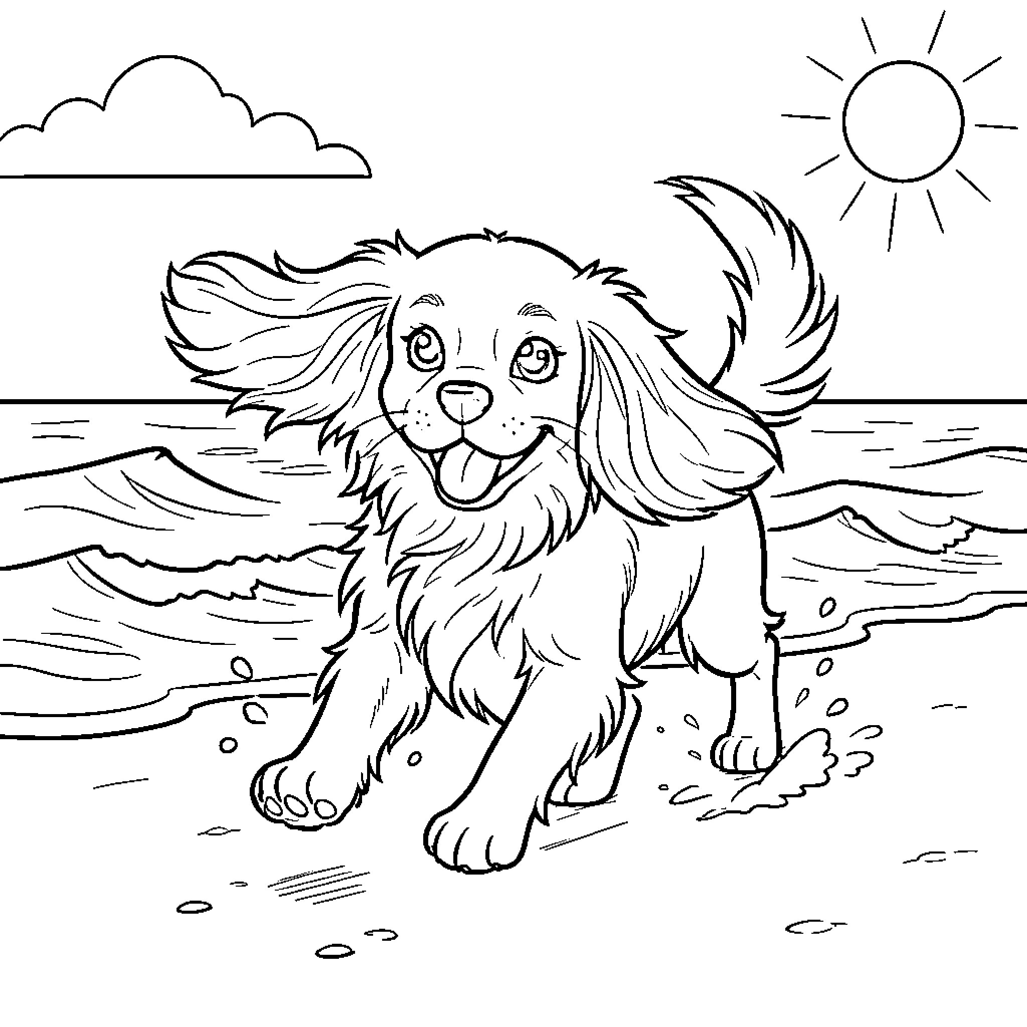 Cavalier King Charles Spaniel playing in the waves Coloring Page (free black-and-white line drawing printable PDF for all, from beginners to advanced learners, including children, teens, adults, and seniors)