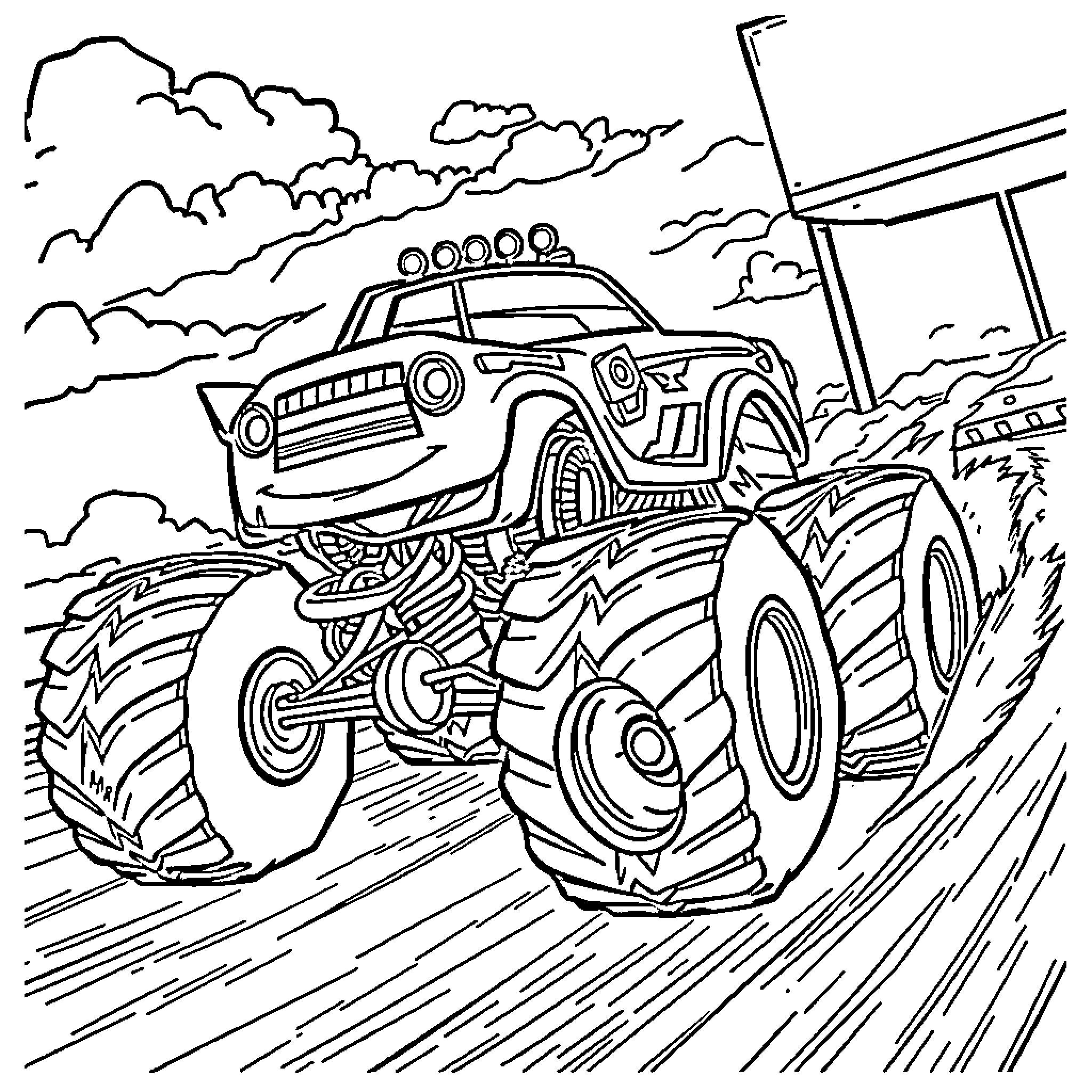 Monster Truck Racing Through Rugged Terrain Coloring Page (free black-and-white line drawing printable PDF for all, from beginners to advanced learners, including children, teens, adults, and seniors)