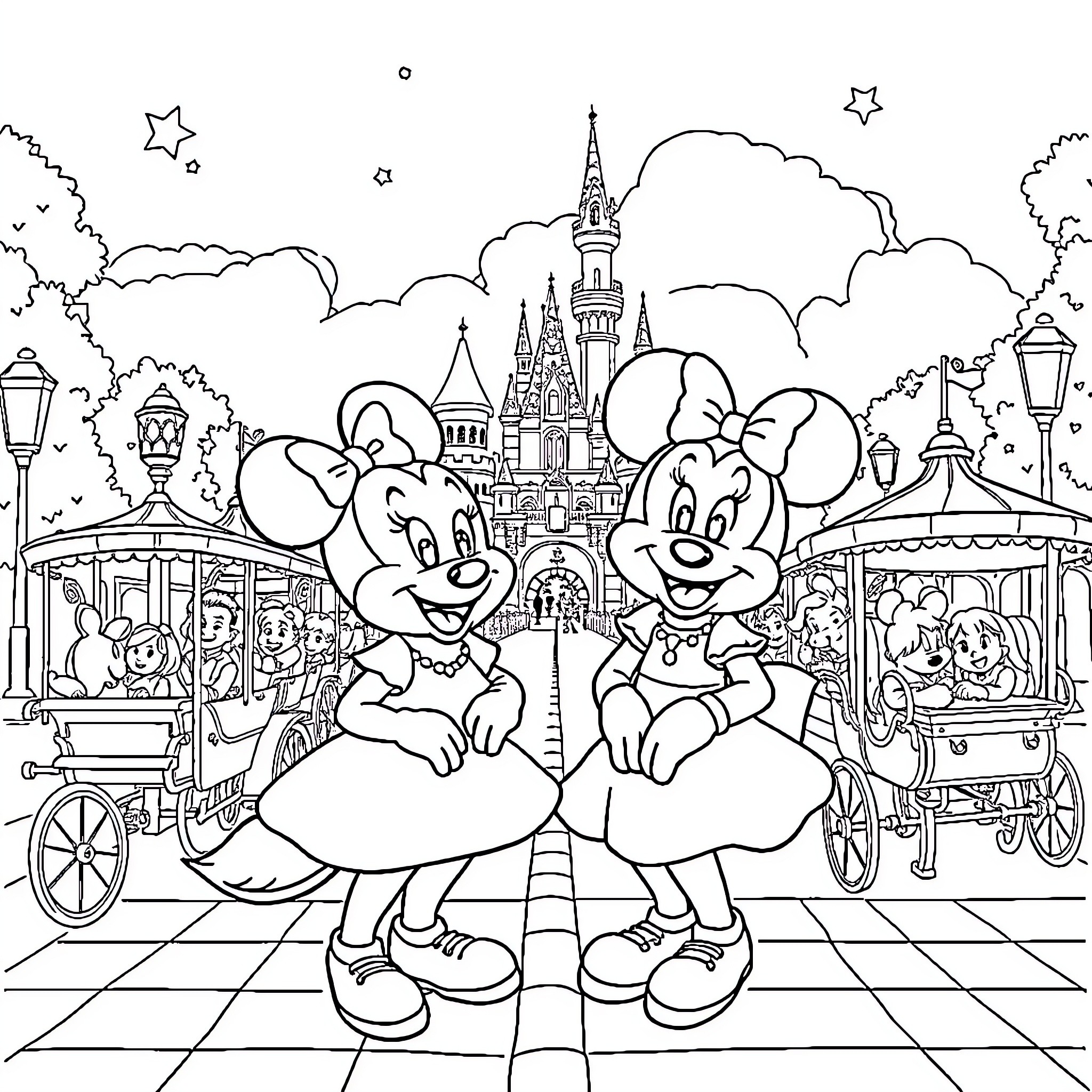 Doll characters in a whimsical theme park setting Coloring Page (free black-and-white line drawing printable PDF for all, from beginners to advanced learners, including children, teens, adults, and seniors)