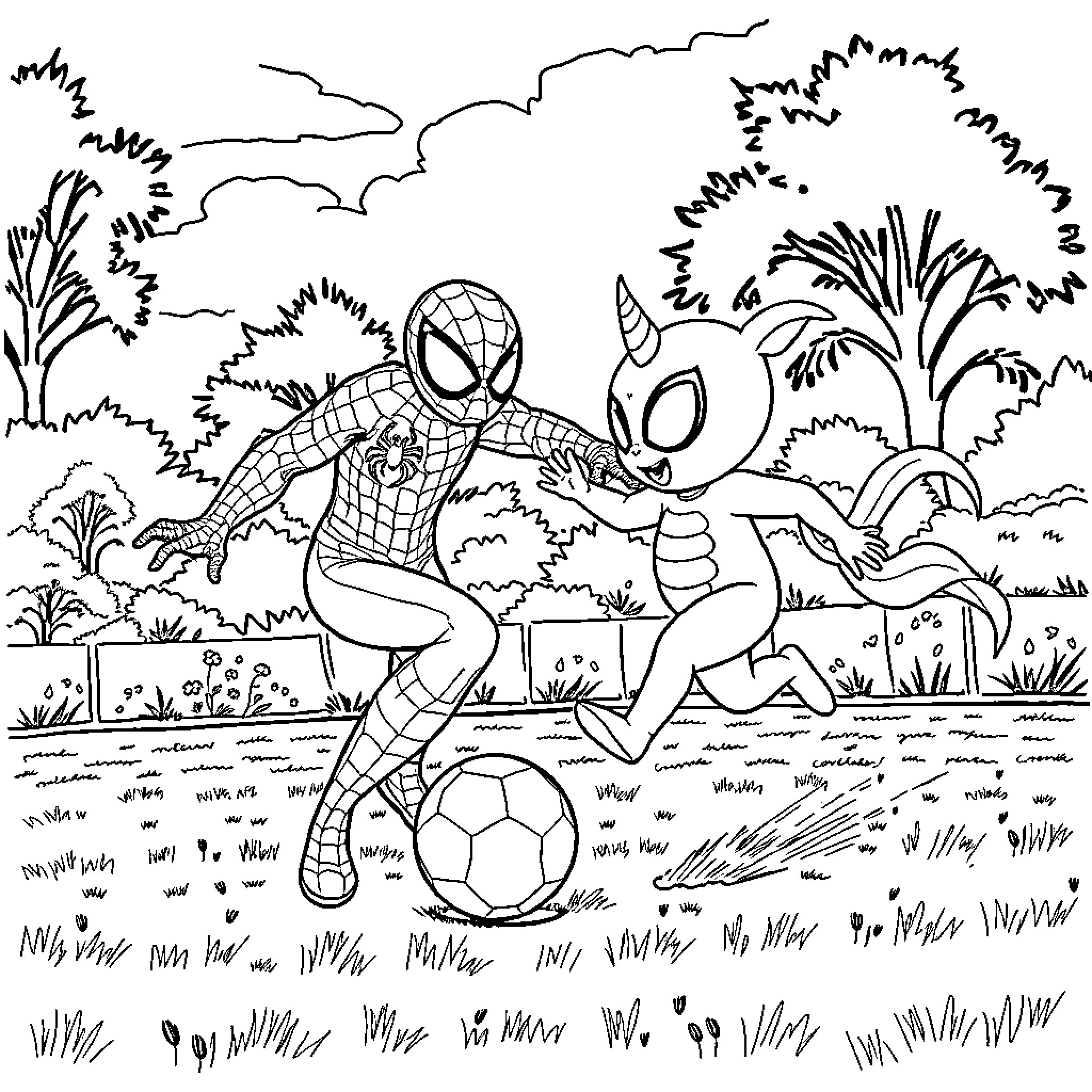Spiderman playing soccer with his superhero friend Coloring Page (free black-and-white line drawing printable PDF for all, from beginners to advanced learners, including children, teens, adults, and seniors)