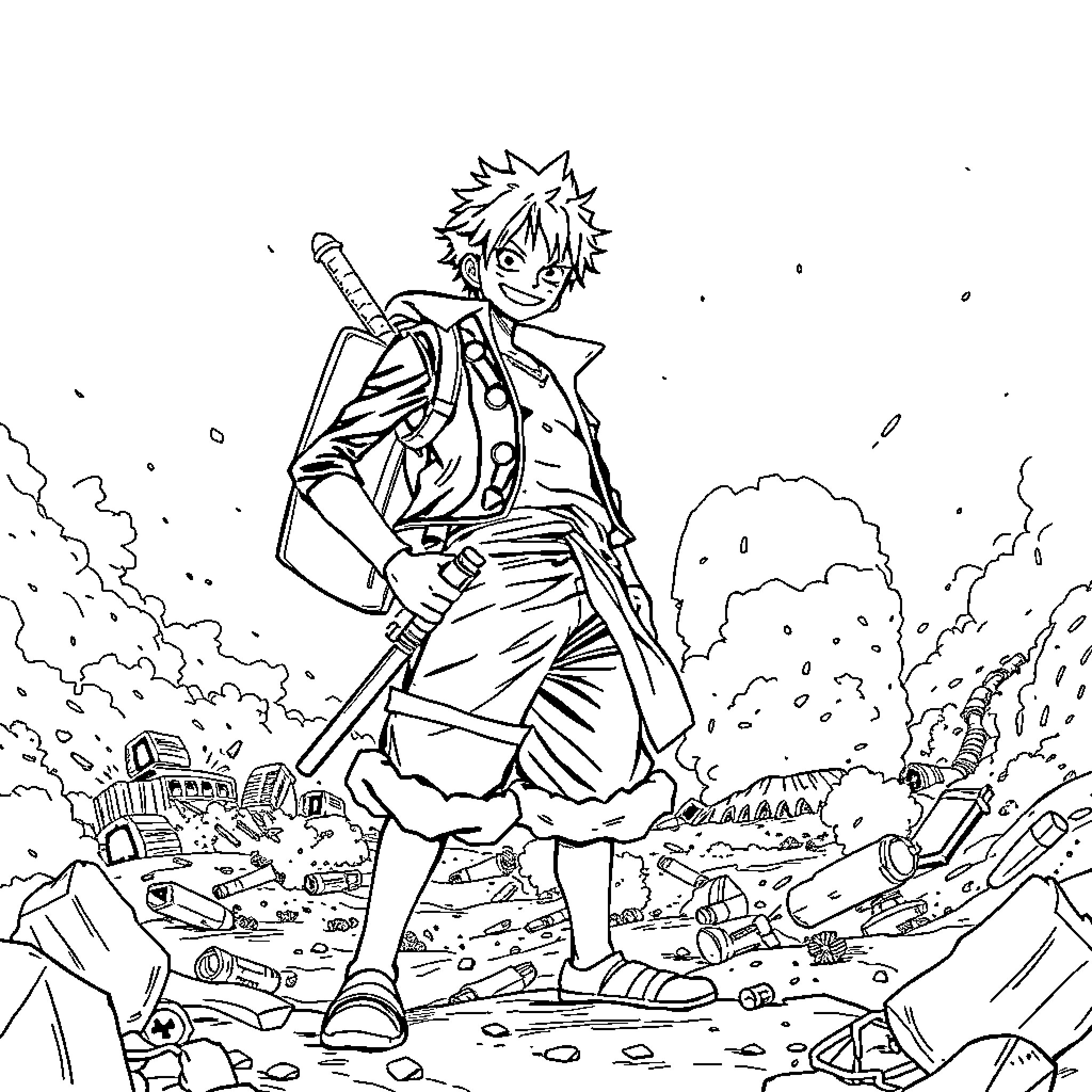 Luffy's Adventurous Escapades in the Aftermath Coloring Page (free black-and-white line drawing printable PDF for all, from beginners to advanced learners, including children, teens, adults, and seniors)