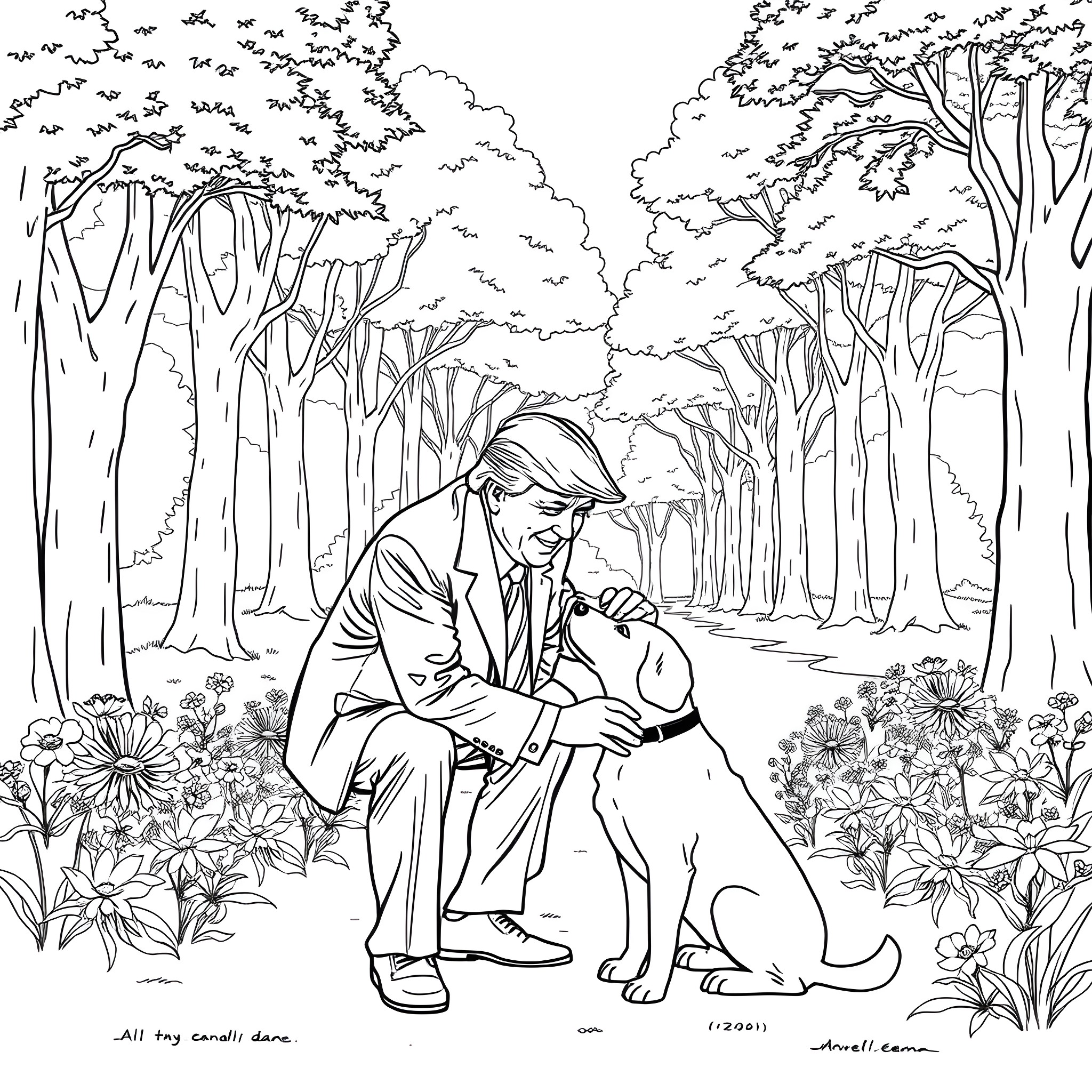Trump comforting his dog in a tranquil forest Coloring Page (free black-and-white line drawing printable PDF for all, from beginners to advanced learners, including children, teens, adults, and seniors)