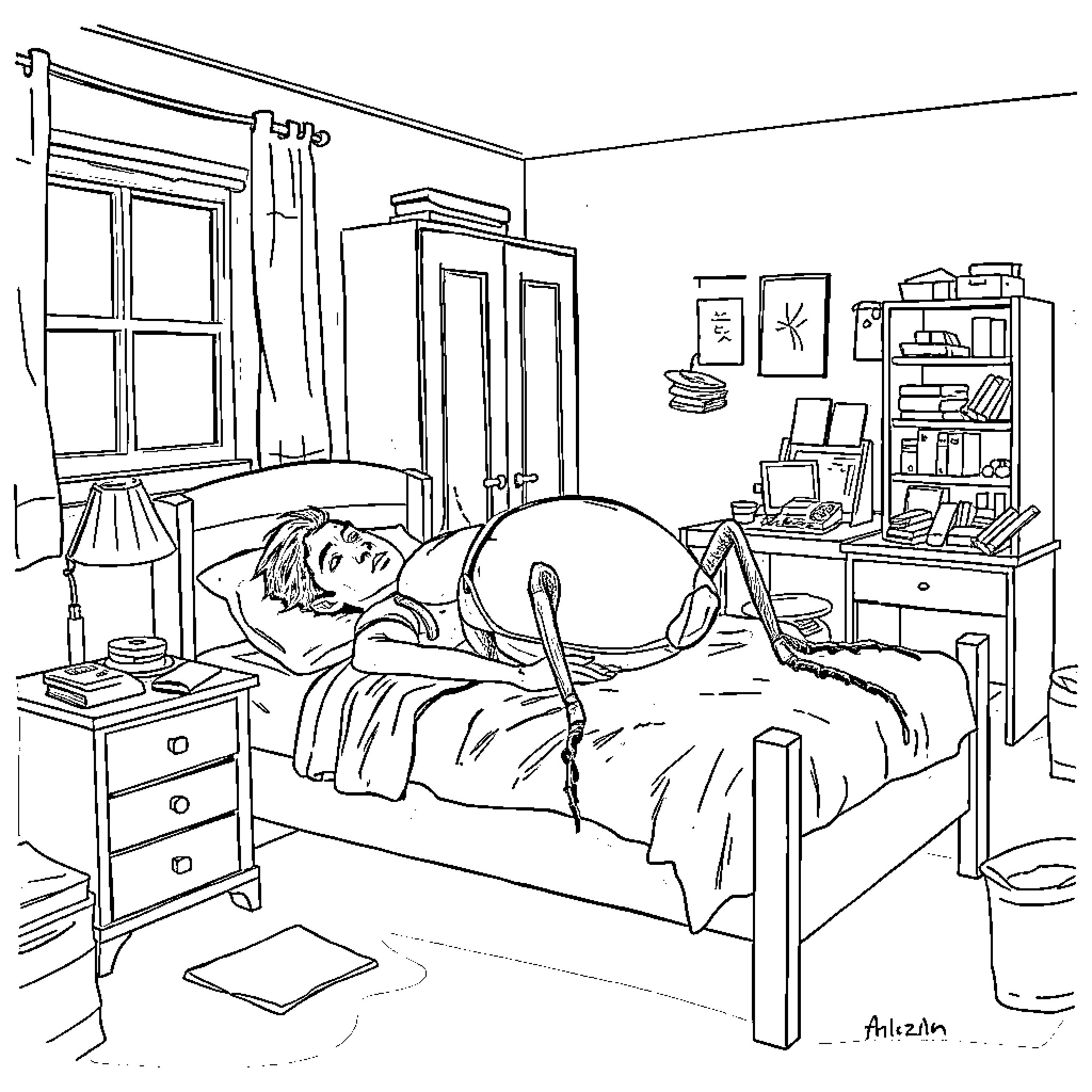 Gregor Samsa's strange metamorphosis Coloring Page (free black-and-white line drawing printable PDF for all, from beginners to advanced learners, including children, teens, adults, and seniors)