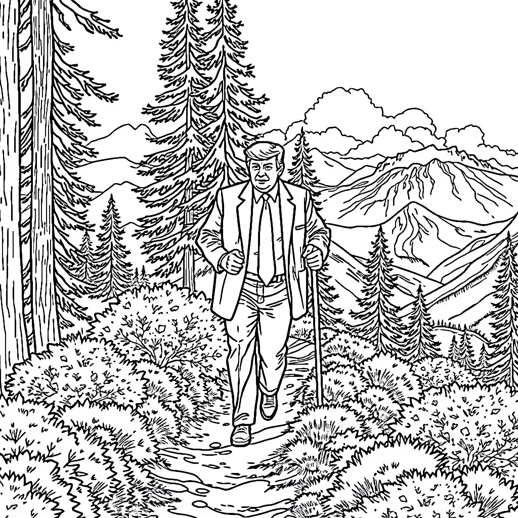 Trump walking in a serene forest landscape Coloring Page (free black-and-white line drawing printable PDF for all, from beginners to advanced learners, including children, teens, adults, and seniors)