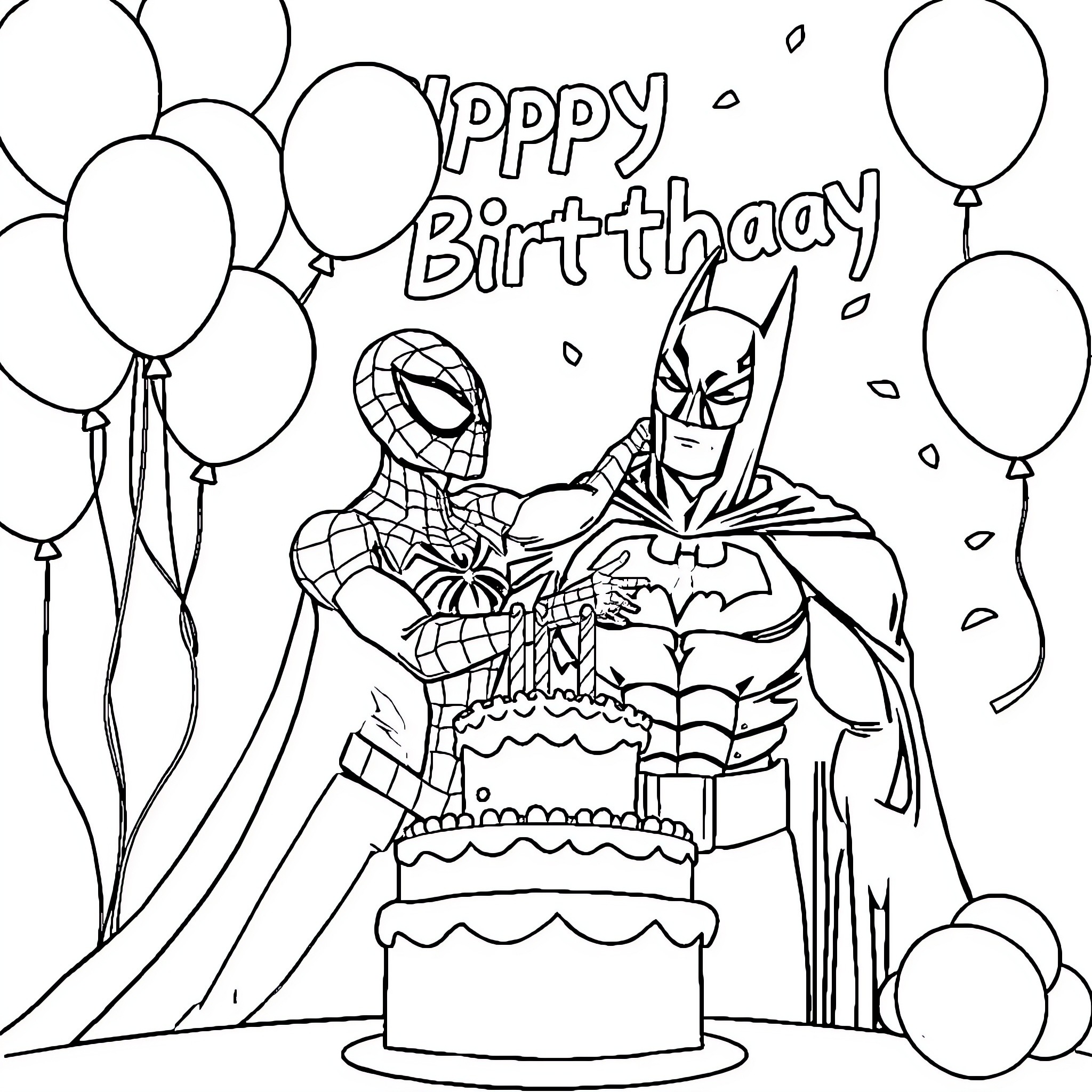Spiderman and Batman celebrate a happy birthday Coloring Page (free black-and-white line drawing printable PDF for all, from beginners to advanced learners, including children, teens, adults, and seniors)