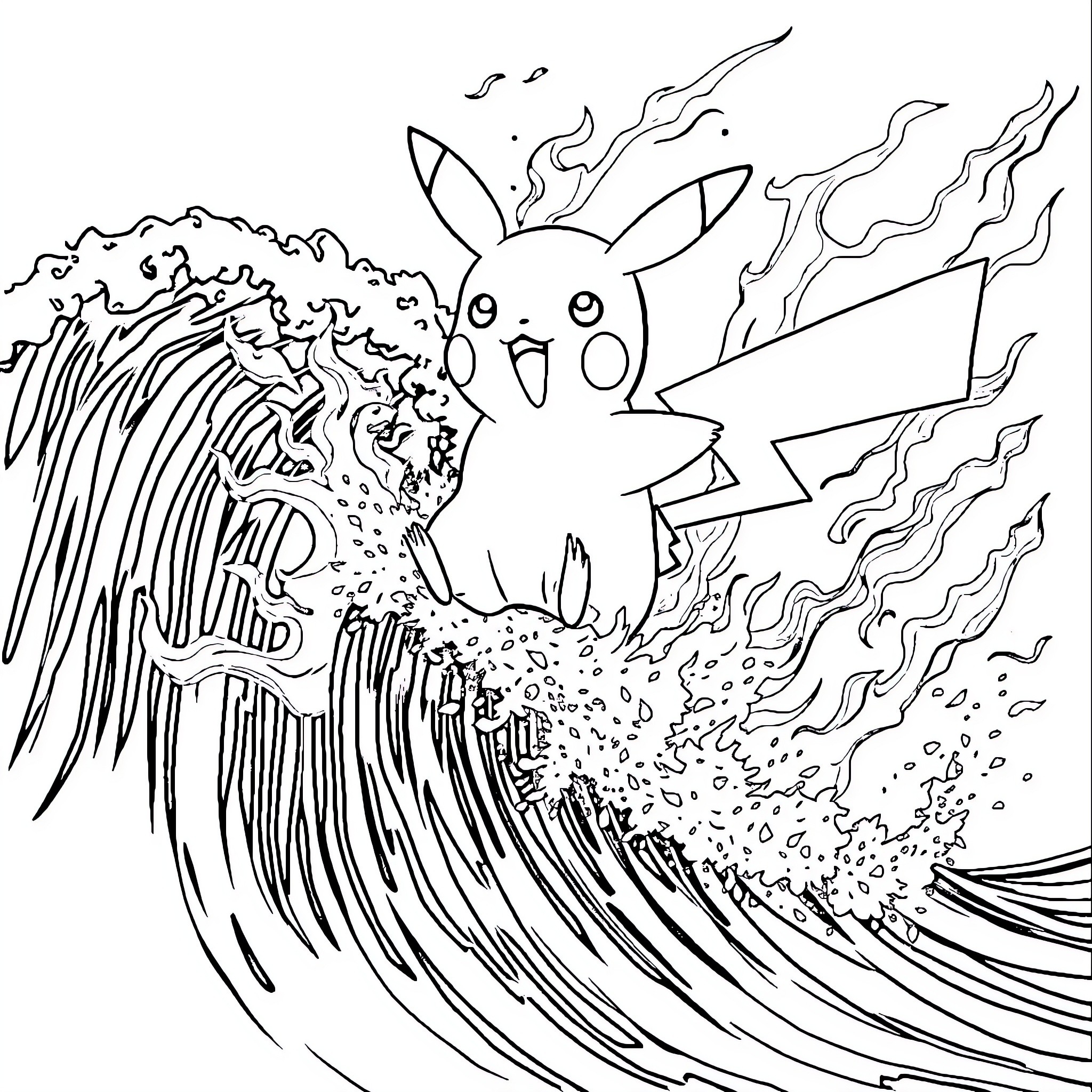 Pikachu Surfing Energetic Waves Coloring Page (free black-and-white line drawing printable PDF for all, from beginners to advanced learners, including children, teens, adults, and seniors)